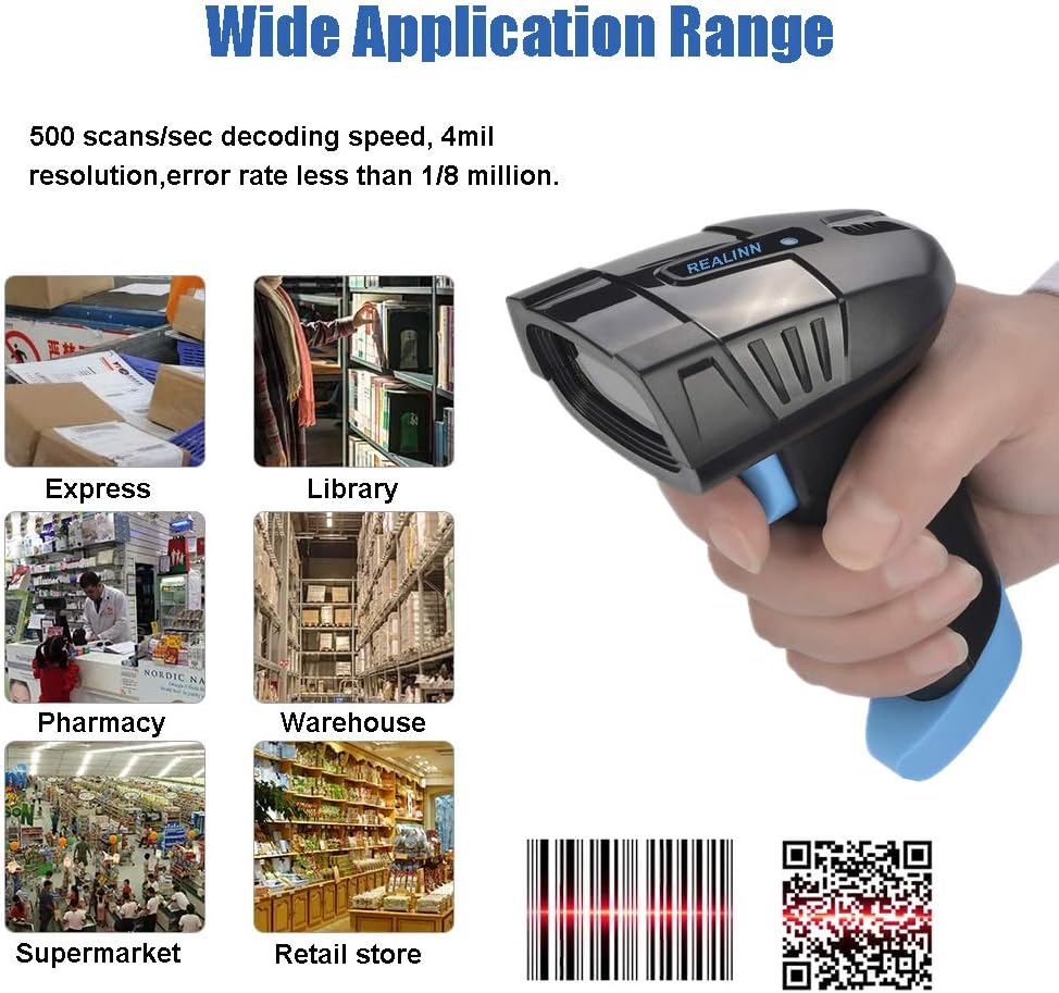 REALINN Cordless Barcode Scanner 2D QR Code Bar Code Reader with USB Cradle 328ft Transmission Distance CMOS Imager Data Matrix PDF417 UPC Scanners for Inventory Warehouse Supermarkets Pack of 2
