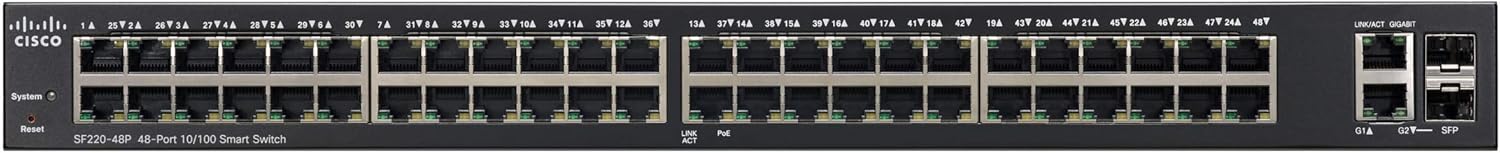 Cisco SF220-48P Smart Switch with 48 10/100 Fast Ethernet Plus 2 Gigabit Ethernet (GbE) Ports, 375W PoE, Limited Lifetime Protection