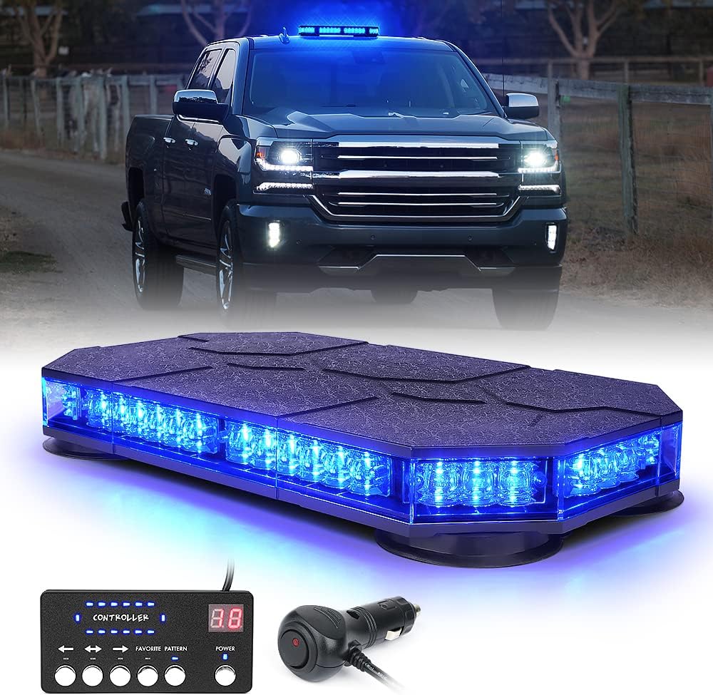 Xprite Blue LED Rooftop Strobe Beacon Lights Bar, Magnetic Mount Emergency Traffic Security Warning Caution Flashing Police Light, for Law Enforcement Volunteer Firefighter POV Vehicles Trucks Pack of 2