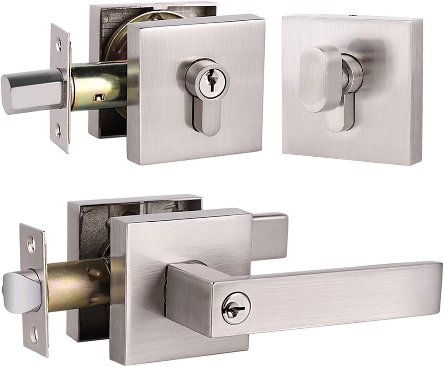 GOBEKOR 3 Pack Square Satin Nickel Entrance Lever Door Handle with Single Cylinder Deadbolt Locksets Keyed Alike Combo Locks for Exterior Door Front Door