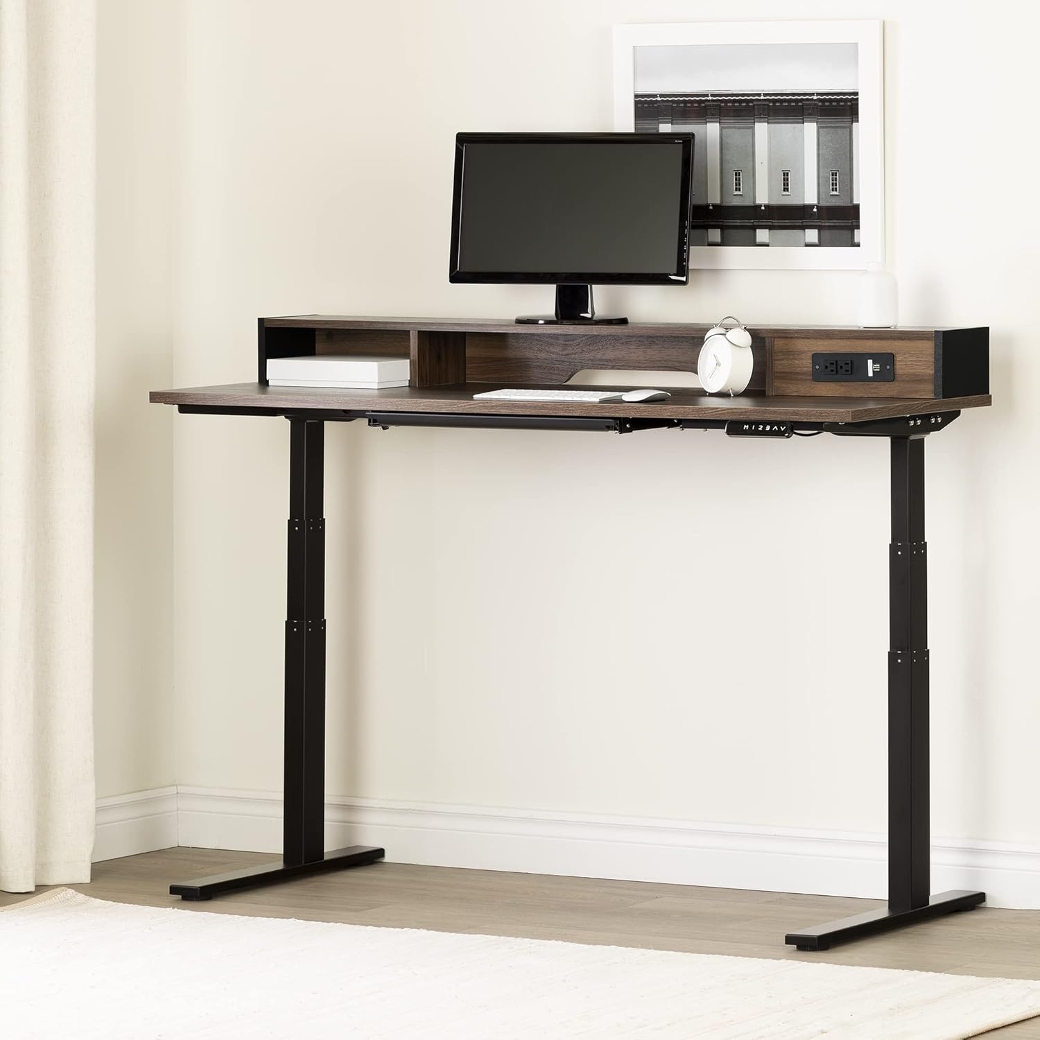 South Shore Majyta Adjustable Height Standing Desk with Built in Power Bar Natural Walnut, Matte Black, Contemporary