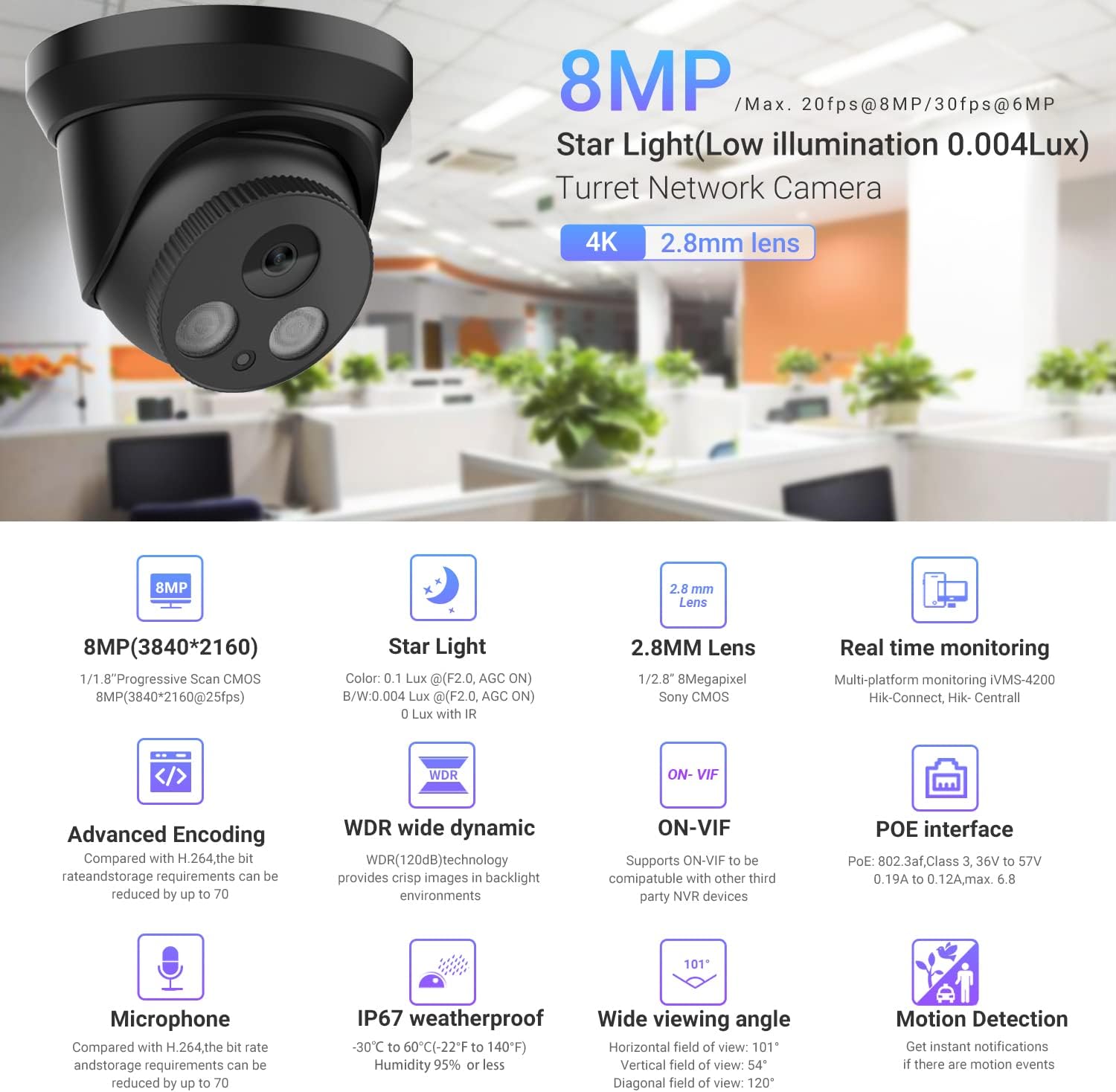 Compatible with Hikvision IP Camera 4K CCTV, Ultra HD 8MP(3840 x 2160) Poe Turret Network Camera with 98ft IR Night Vision, 2.8mm Lens, Built-in Mic, WDR, IP67 Weatherproof