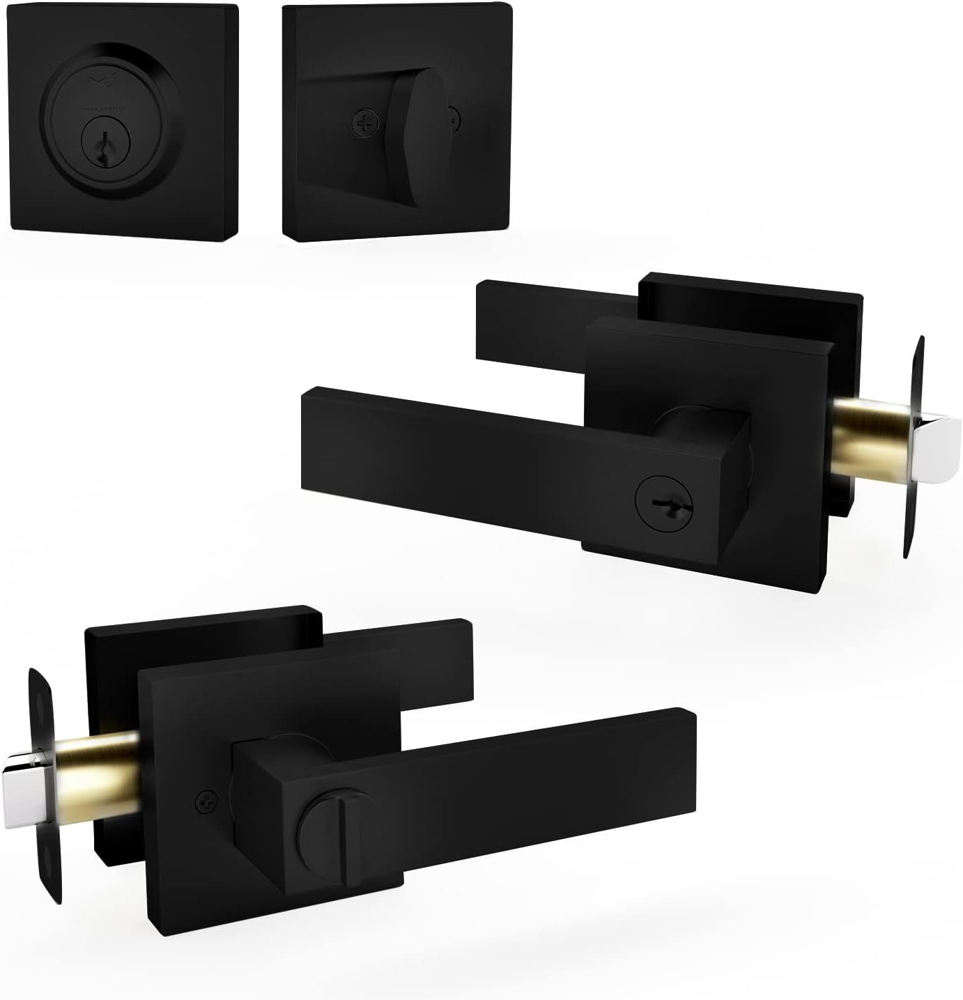 Entry Lever Door Handle and Single Cylinder Deadbolt Lock and Key Combo Pack - Heavy Duty Square Locking Lever Set for Left or Right-Handed Doors - Interior/Exterior Door Levers in Satin Brass Finish Pack of 2