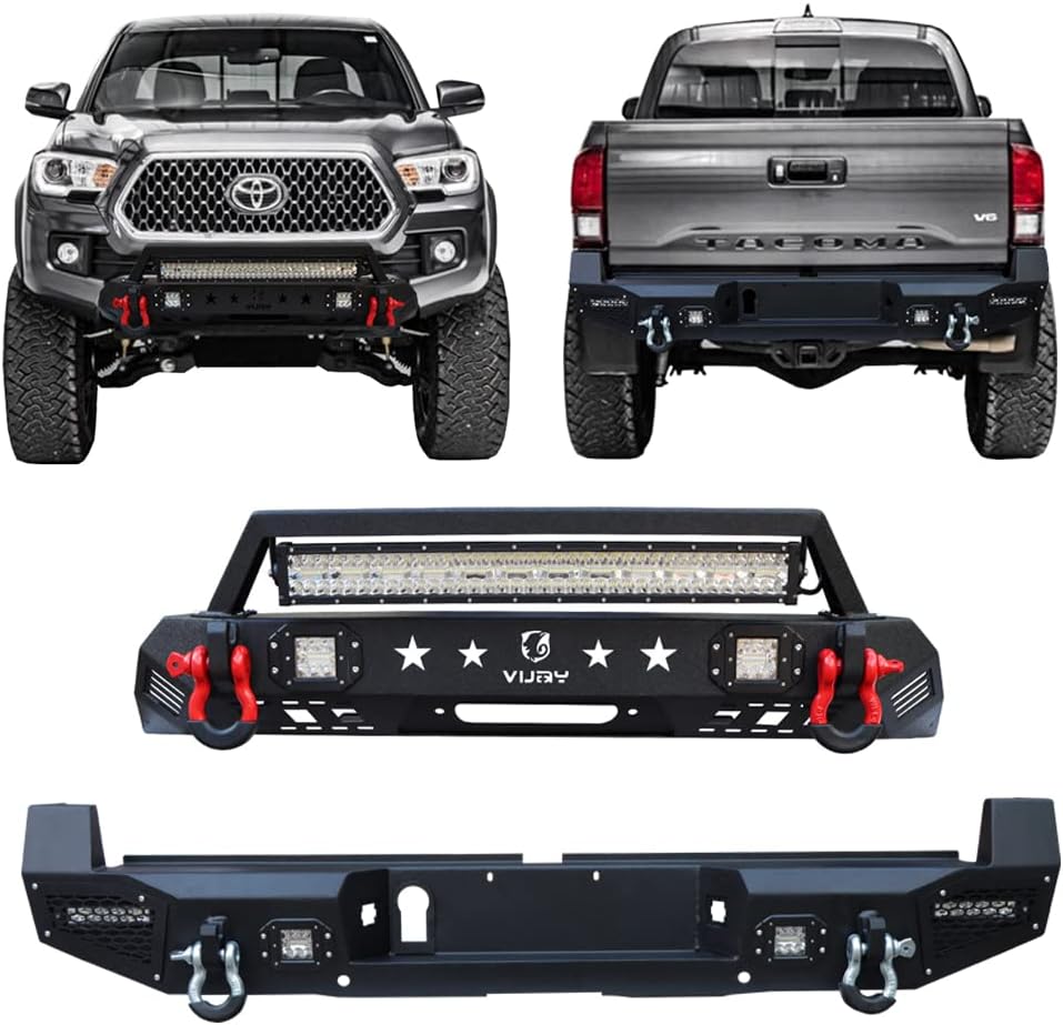 Vijay Front and Rear Bumper Textured Black with LED Lights and Winch Plate for 2016-2022 Tacoma