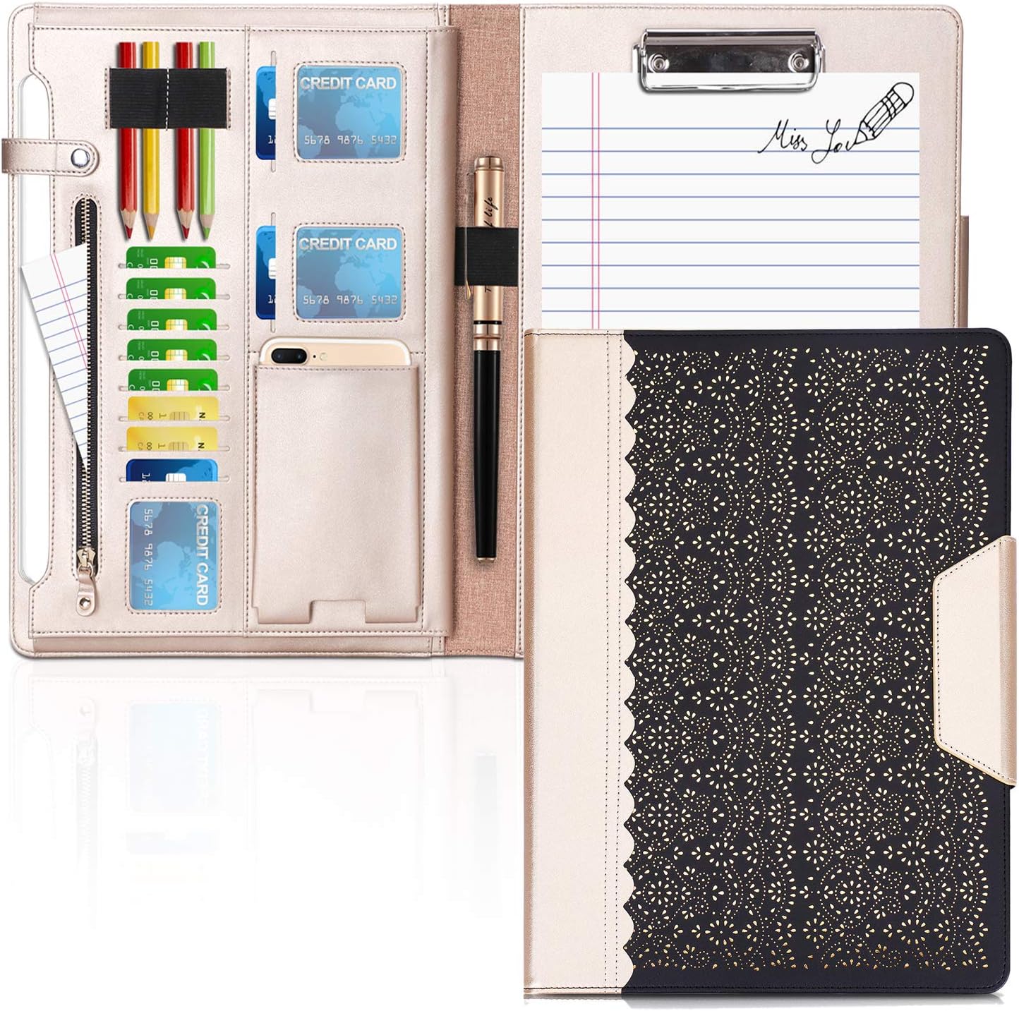 WWW Portfolio Case/Portfolio Folder, Interview/Legal Document Organizer with Business Card Holders, Letter-Sized Clipboard and Document Sleeve for Office and Interview Rose Gold Pack of 2