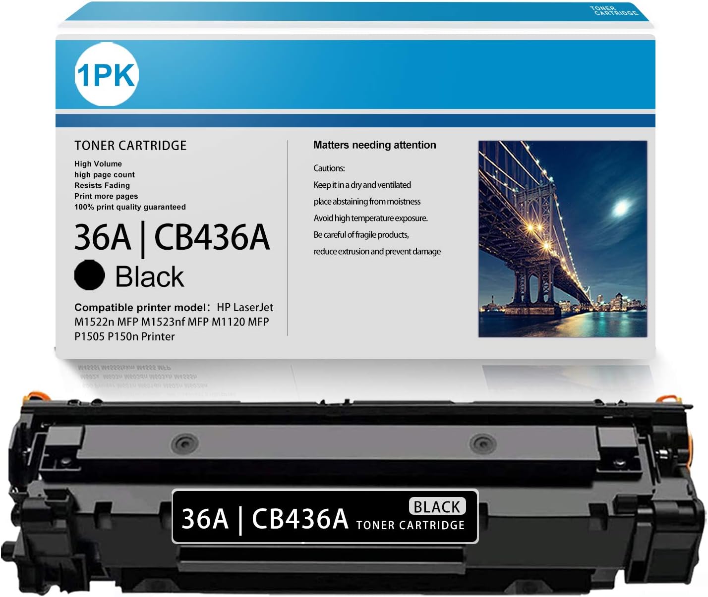 1 Pack Black Toner Cartridge 36A | CB436A Replacement for HP M1522n M1523nf M1120 MFP P1505 P150n Printer. Pack of 2