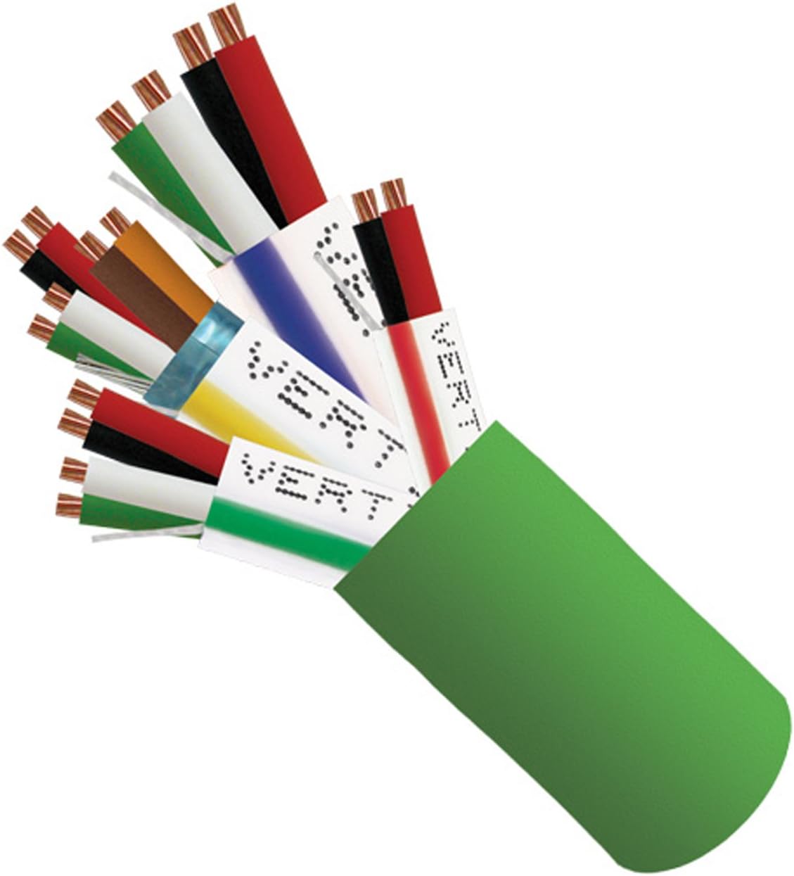 Access Control Cable Riser: 22AWG/3 Pair Shielded + 18AWG/4 Conductor + 22AWG/4 Conductor + 22AWG/2 Conductor, Stranded Bare Copper Conductors, Green, 500ft Spool