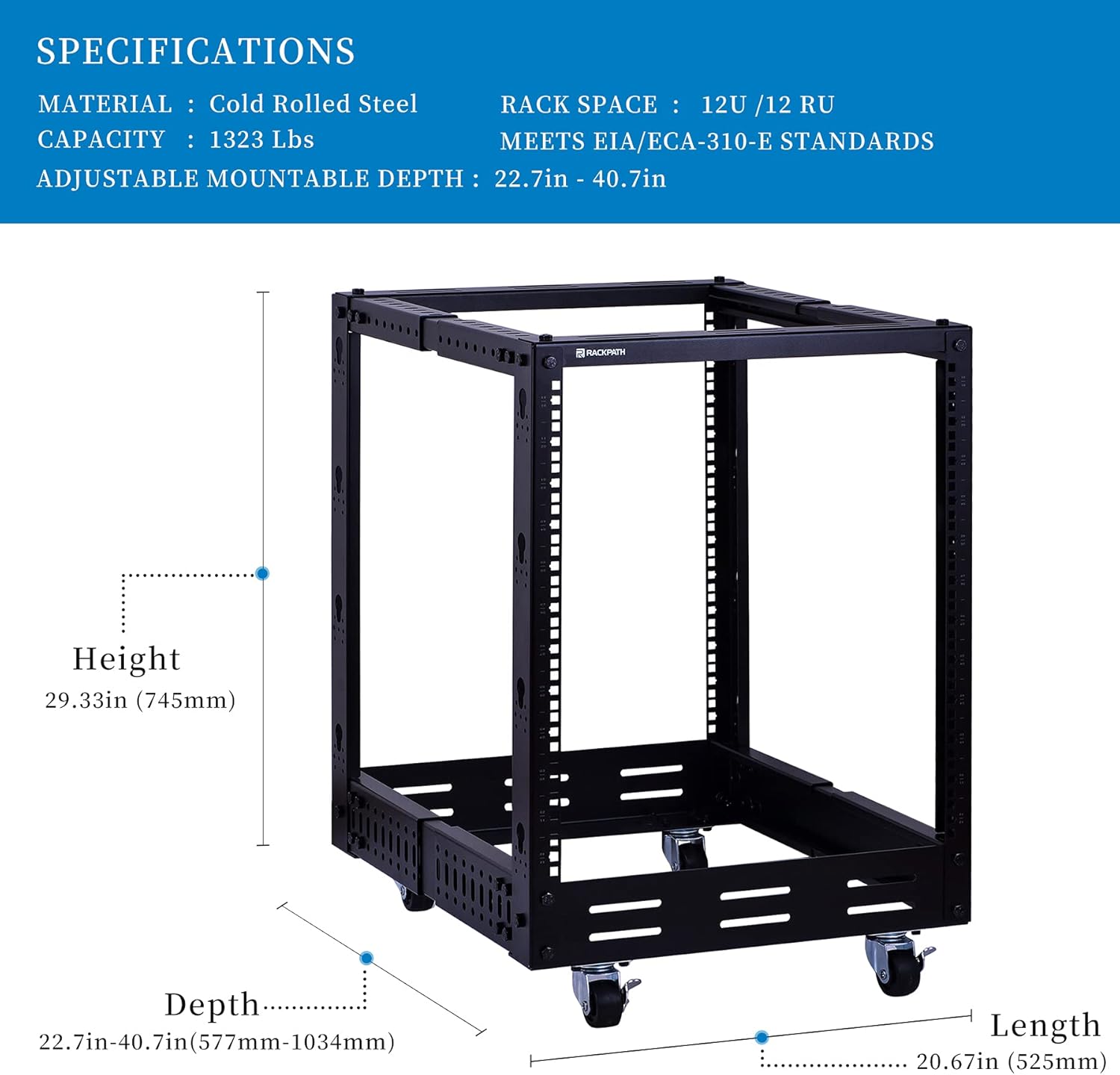 RackPath 12U Open Frame Server Rack – Heavy Duty 4 Post Adjustable Depth with Casters