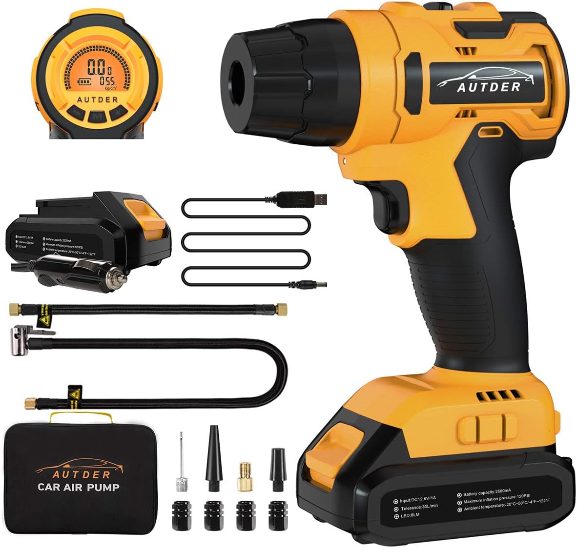 AUTDER Tire Inflator Air Compressor, Portable Car Air Pump with Digital Pressure Gauge, 12V 140 PSI Cordless Tire Pump with Rechargeable Inflator Base and 12V Car Power Adapter… Pack of 2