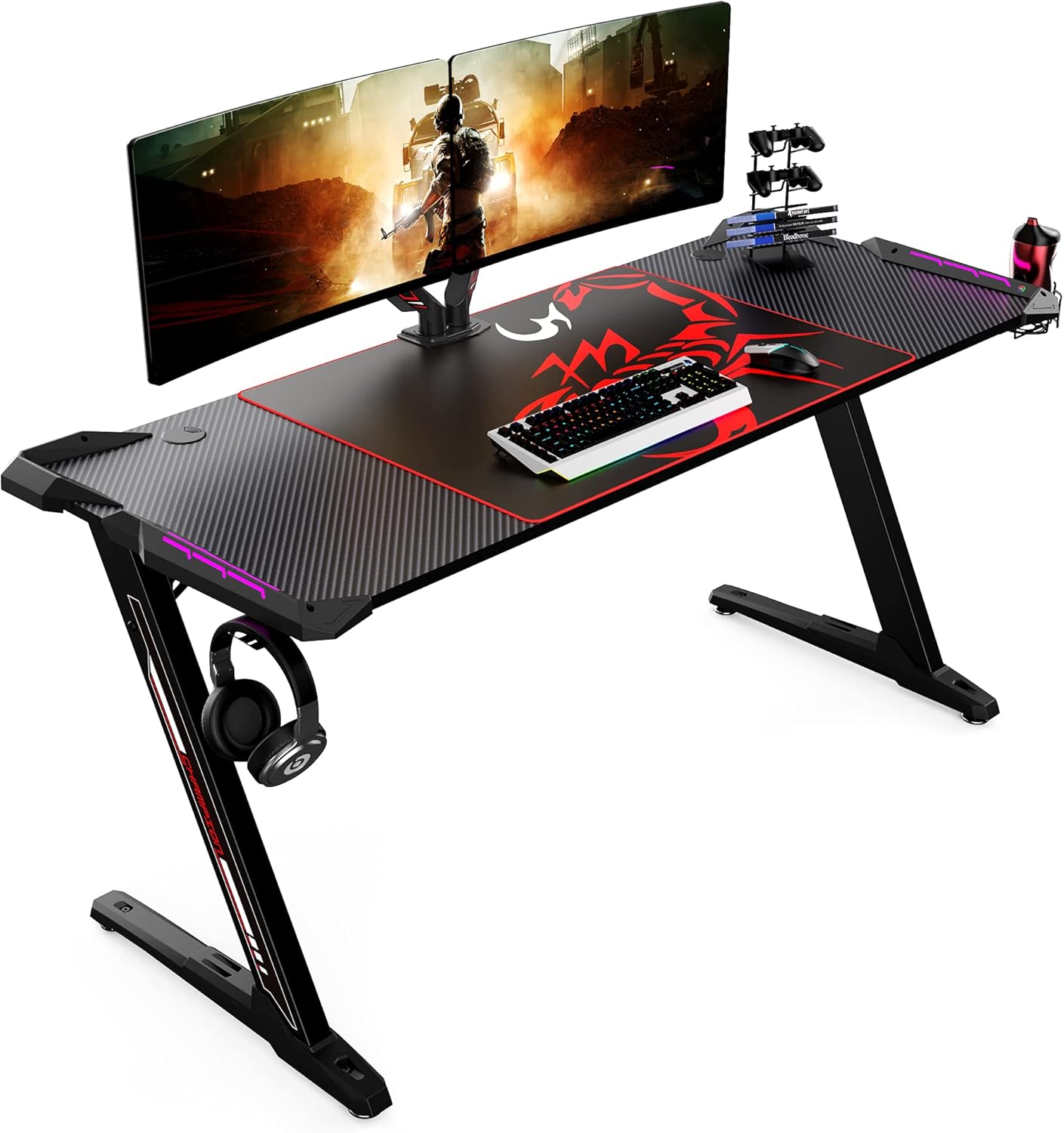EUREKA ERGONOMIC Z60 Gaming Desk 60 inch Computer Desk Z Shaped Large PC Tables with RGB LED Lights Mouse Pad for E-Sport Racing Gamer Pro Home Office Gift