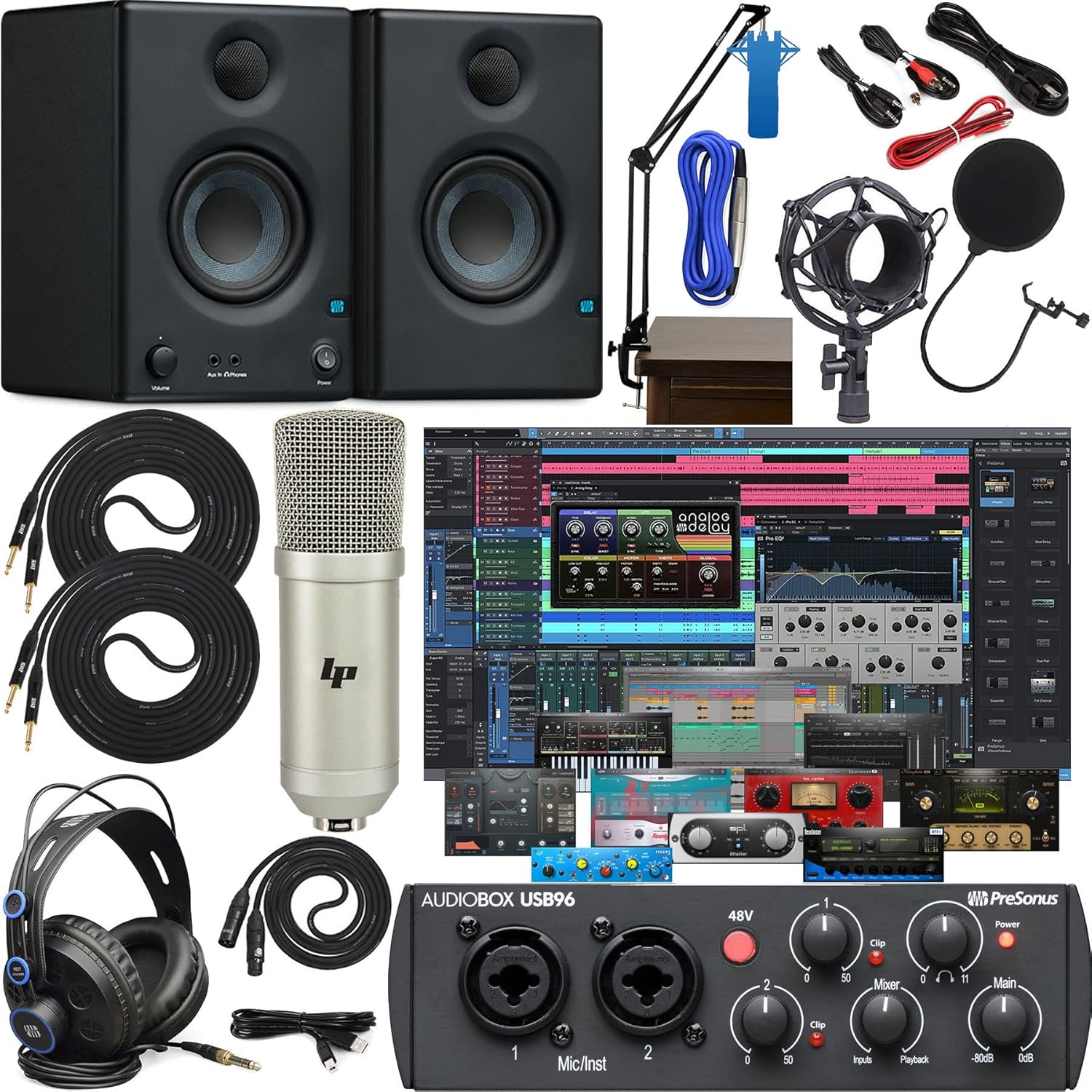 Presonus AudioBox 96 Studio Audio Interface with Creative Software Kit and Studio Bundle and Eris E3.5 Pair Studio Monitors and Adjustable Boom Arm Kit + HD7 Headphones
