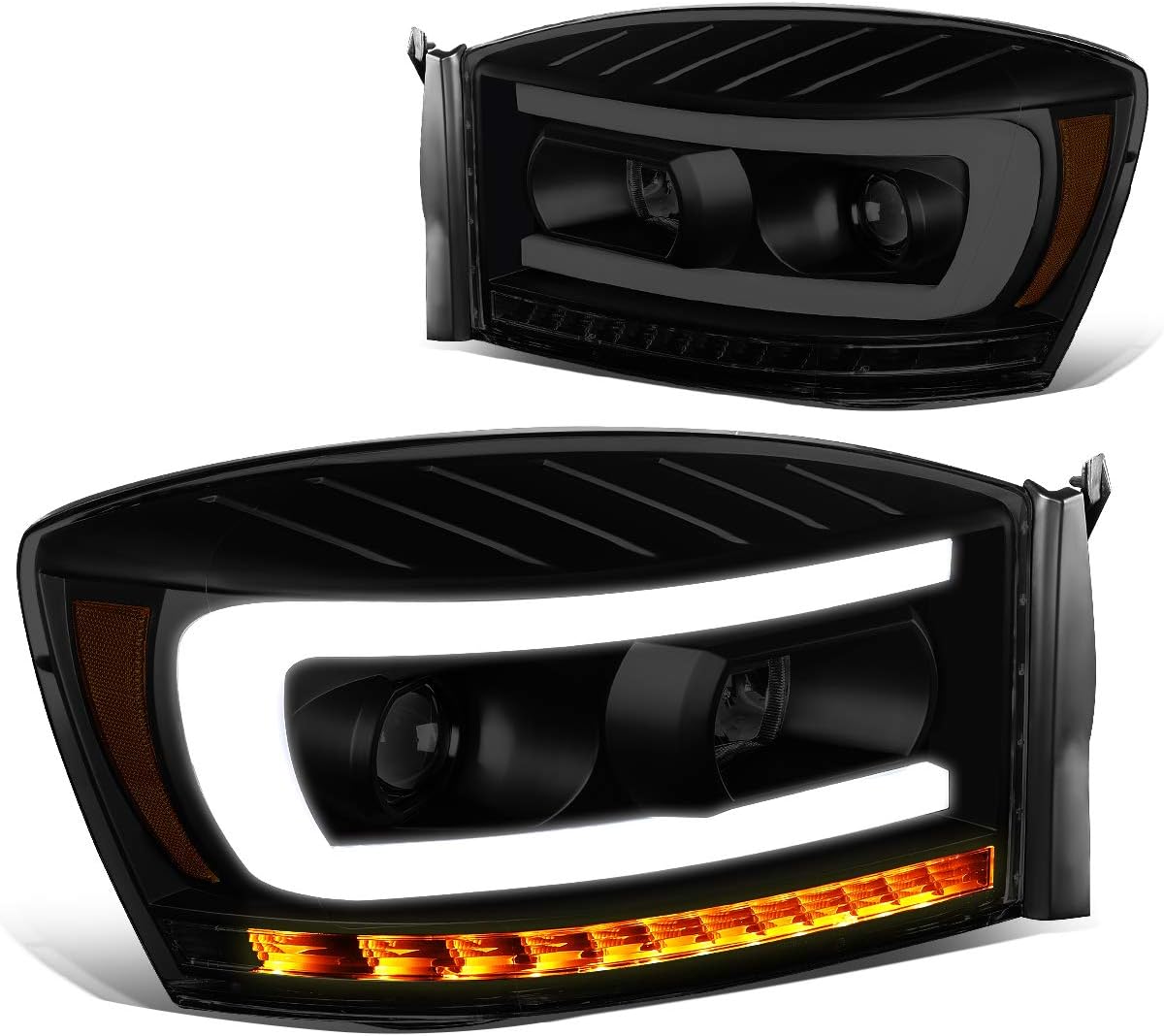 Smoked/Clear Dual LED DRL Sequential Turn Signal Projector Headlights Compatible with Dodge Ram 1500 2500 3500 06-09