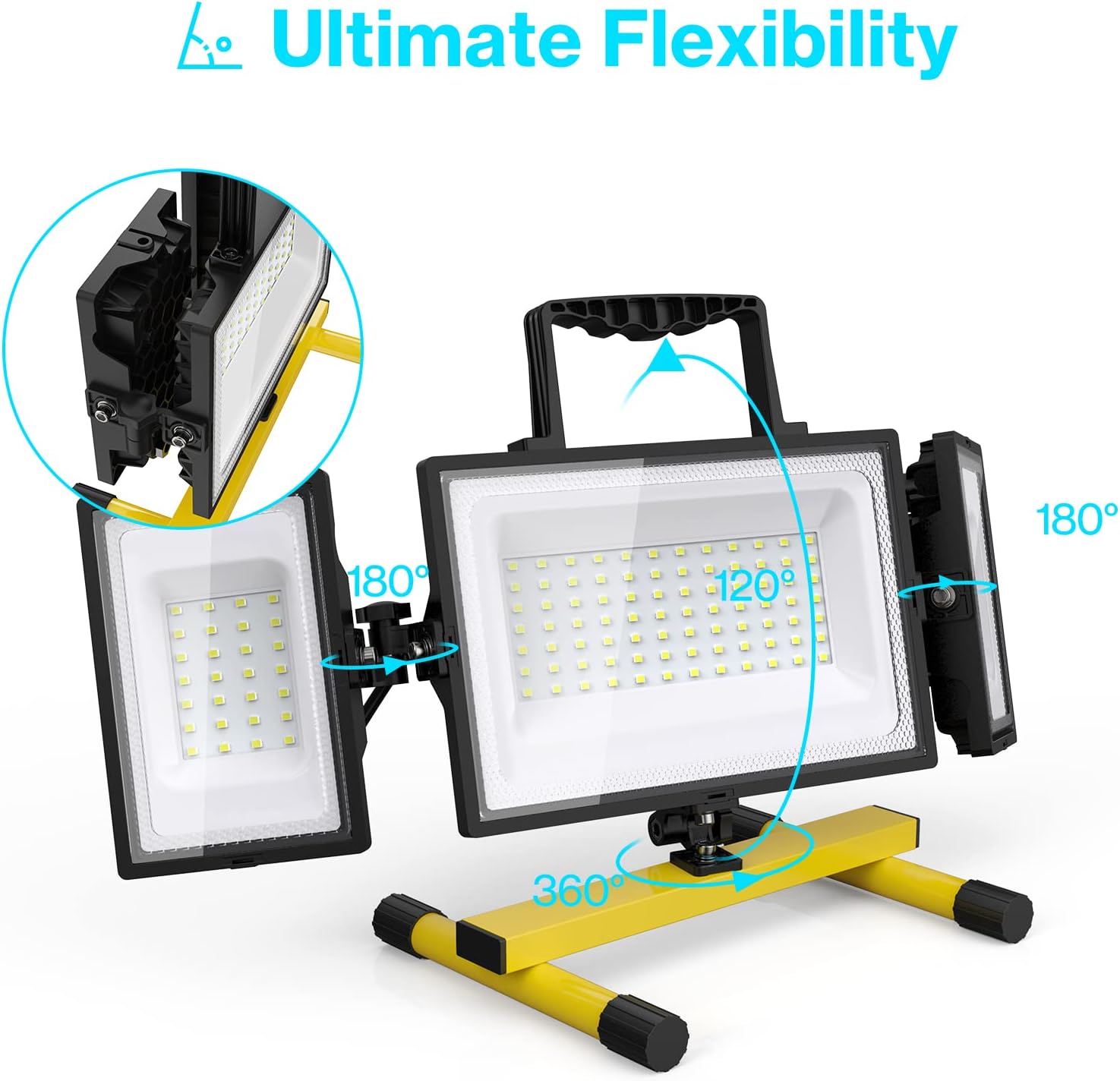 Olafus 80W Led Work Lights Triple Adjustable Heads, 6500K Foldable Flood Light 16.4 Feet Cord with Plug, IP65 Waterproof Job Site Lighting with Stand for Construction Site, Jetty, Garage, Workshop Pack of 2