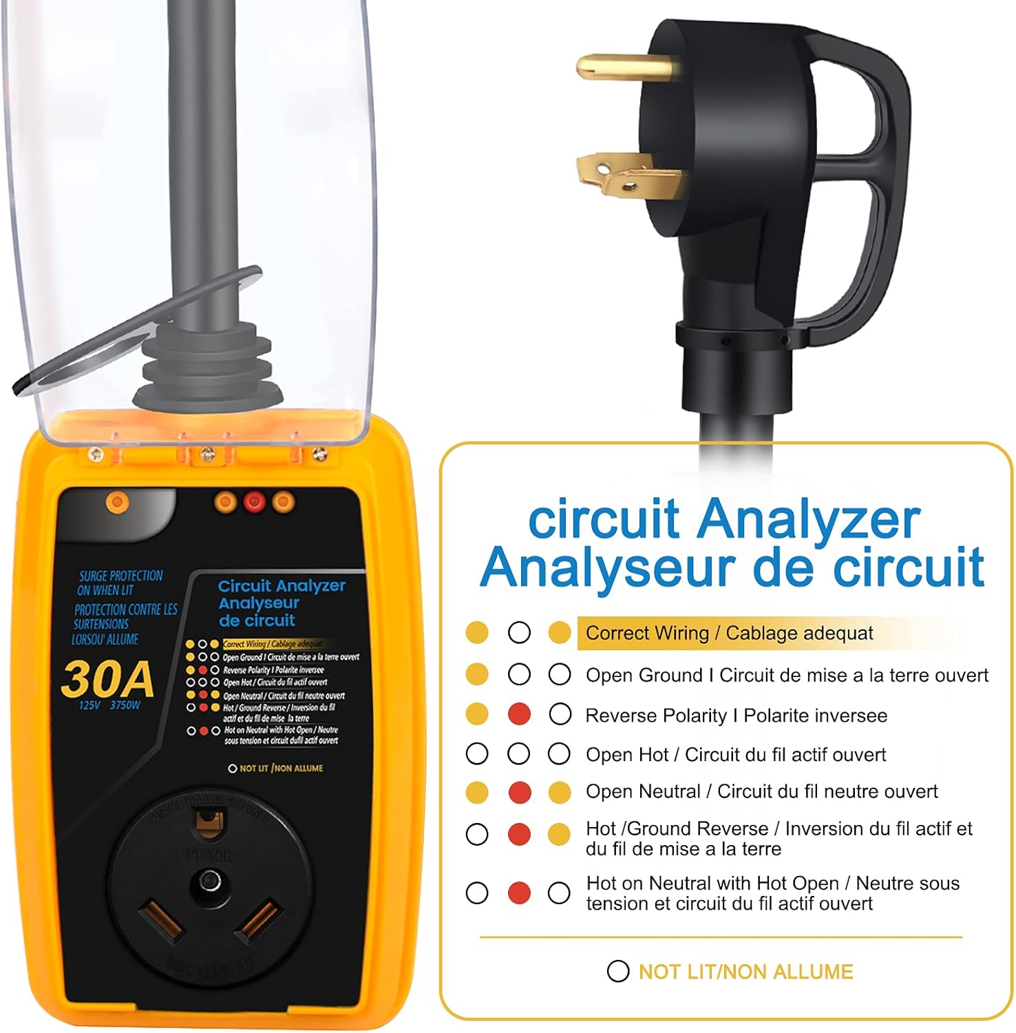 Kosctias RV 30 amp Surge Protector, 30 amp Surge Protector for RV with Waterproof Cover and LED Indicator, Designed with Extension Cord and Easy to Use Handles (2100 Joules/Camper Accessories/Yellow) Pack of 2