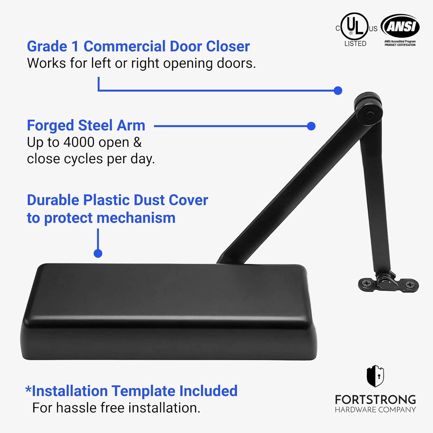 Heavy Duty Door Closer FS-9807B Commercial - Grade 1 Commercial Standard Automatic Door Closing Mechanism – Durable Plastic Casing – High Traffic Areas - Fitting Instructions - UL Listed