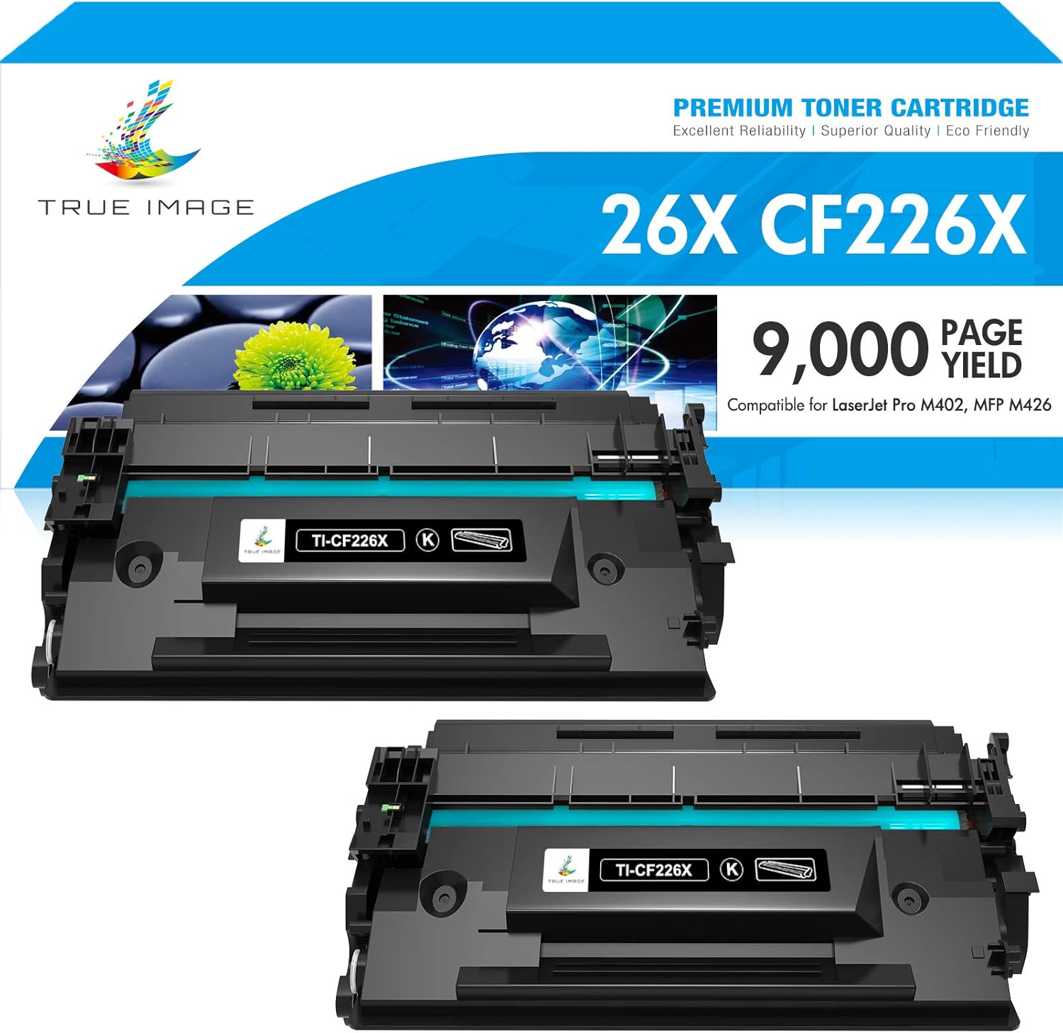 TRUE IMAGE Compatible Toner Cartridge Replacement for HP 26X CF226X 26A CF226A Pro M402n M402dn MFP M426fdw M426fdn M426dw M402 M426 Printer Ink High Yield (Black, 2-Pack) Pack of 2
