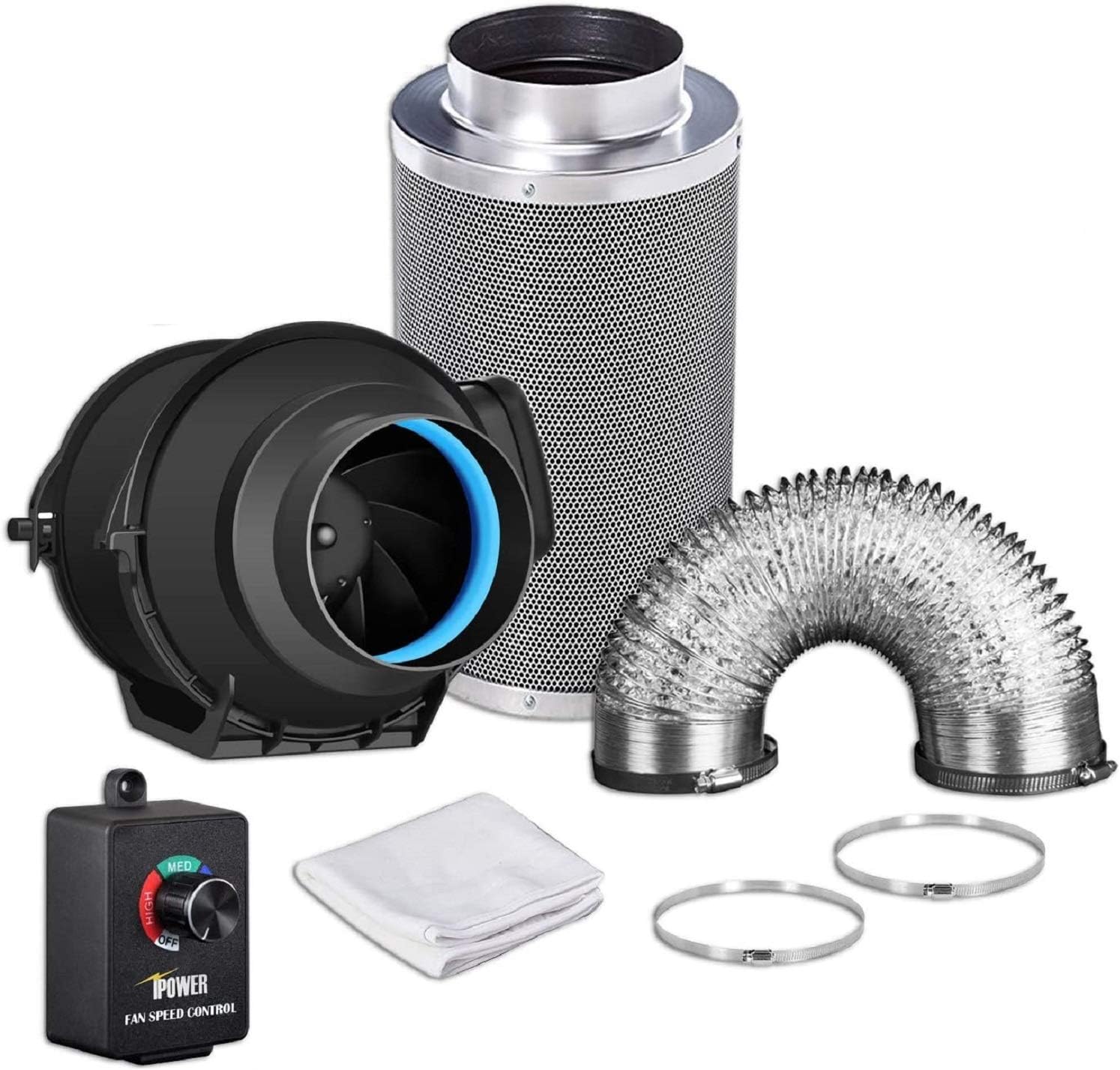 iPower 8 Inch 500 CFM Inline Fan with Variable Speed Controller Air Carbon Filter 25 Feet Ducting Combo for Grow Tent Ventilation, Silver