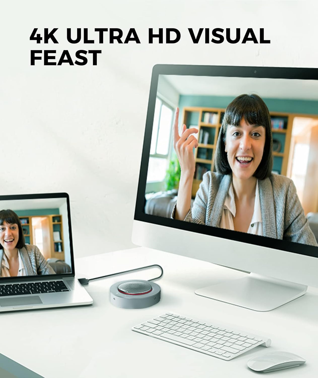 Conference Speaker, 4X Noise-canceling Mic, Enhanced 360° Voice Pickup, 4K@60Hz Video Resolution, AGC Voice Balance, Full-Duplex, with USB-C Docking Function Supply Power to PC