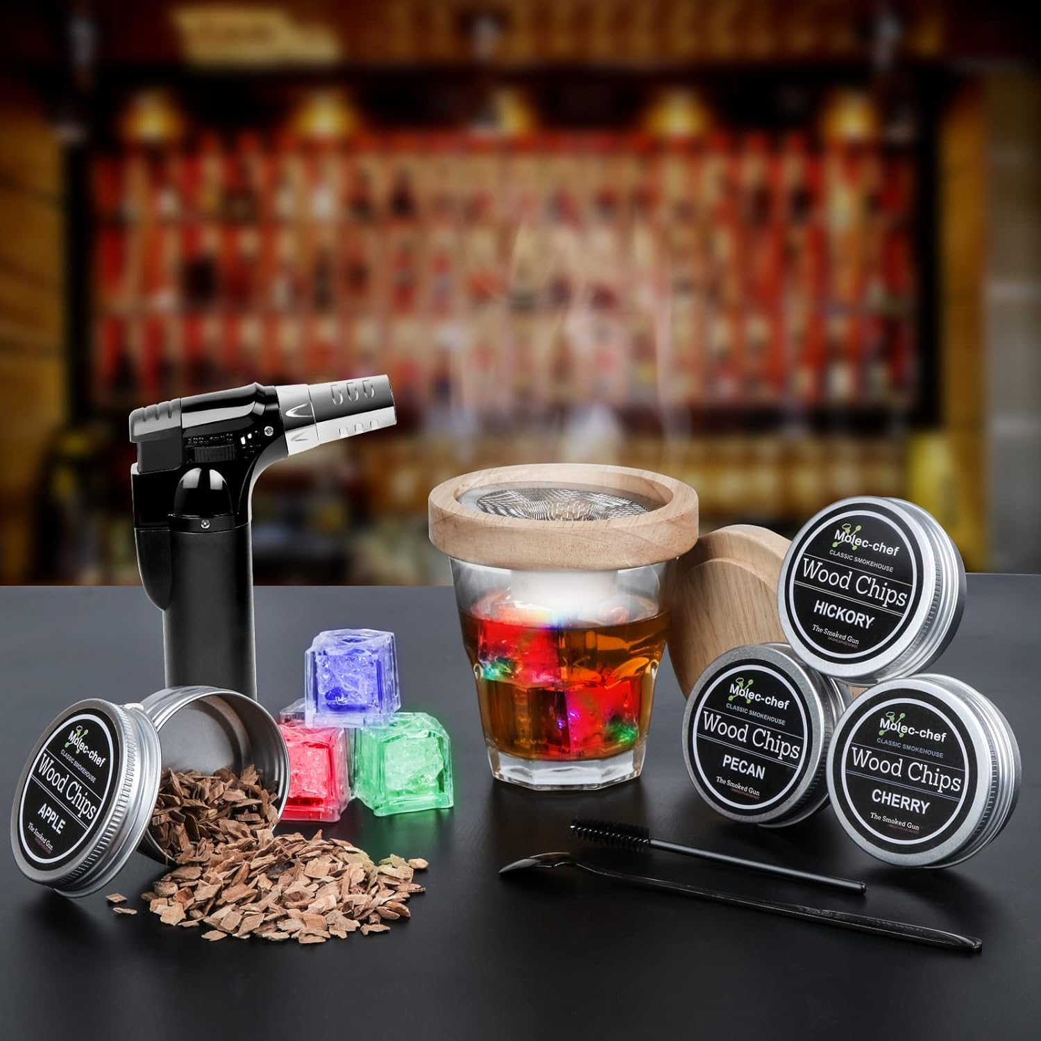 Cocktail Smoker Kit with Torch,Smoker Top with Four Kind of Wood Chips for Cocktail,Whiskey,Bourbon Old Fashioned Smoker Kit,Gift for Dad,Husband,Friend(No Butane) Pack of 2