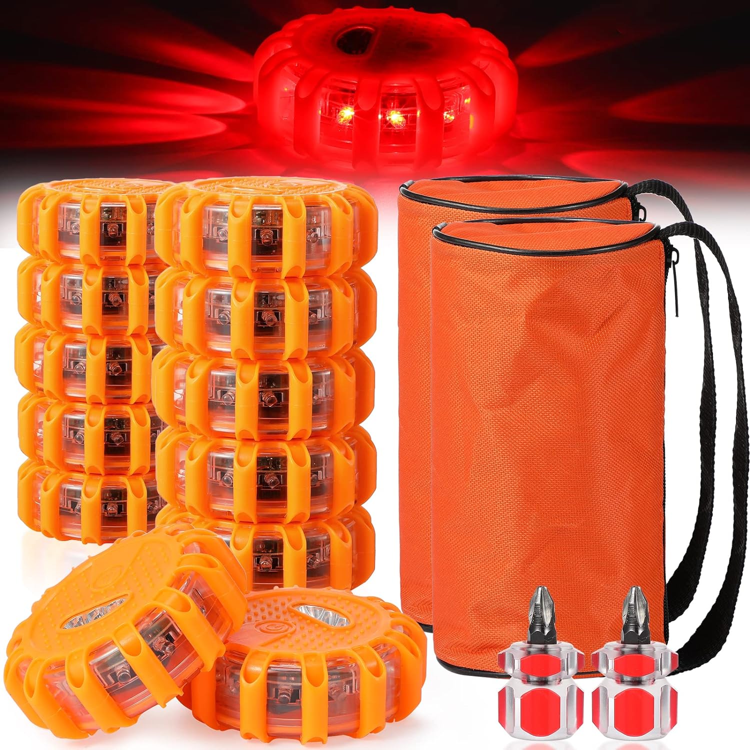 12 Pack Flare Light LED Road Safety Flashing Warning Kit Roadside Emergency Beacon Magnet Hook Car Vehicle Boat Truck Disc Magnetic Flash Cars Security Driveway Signal Automotive Strobe Pack of 2
