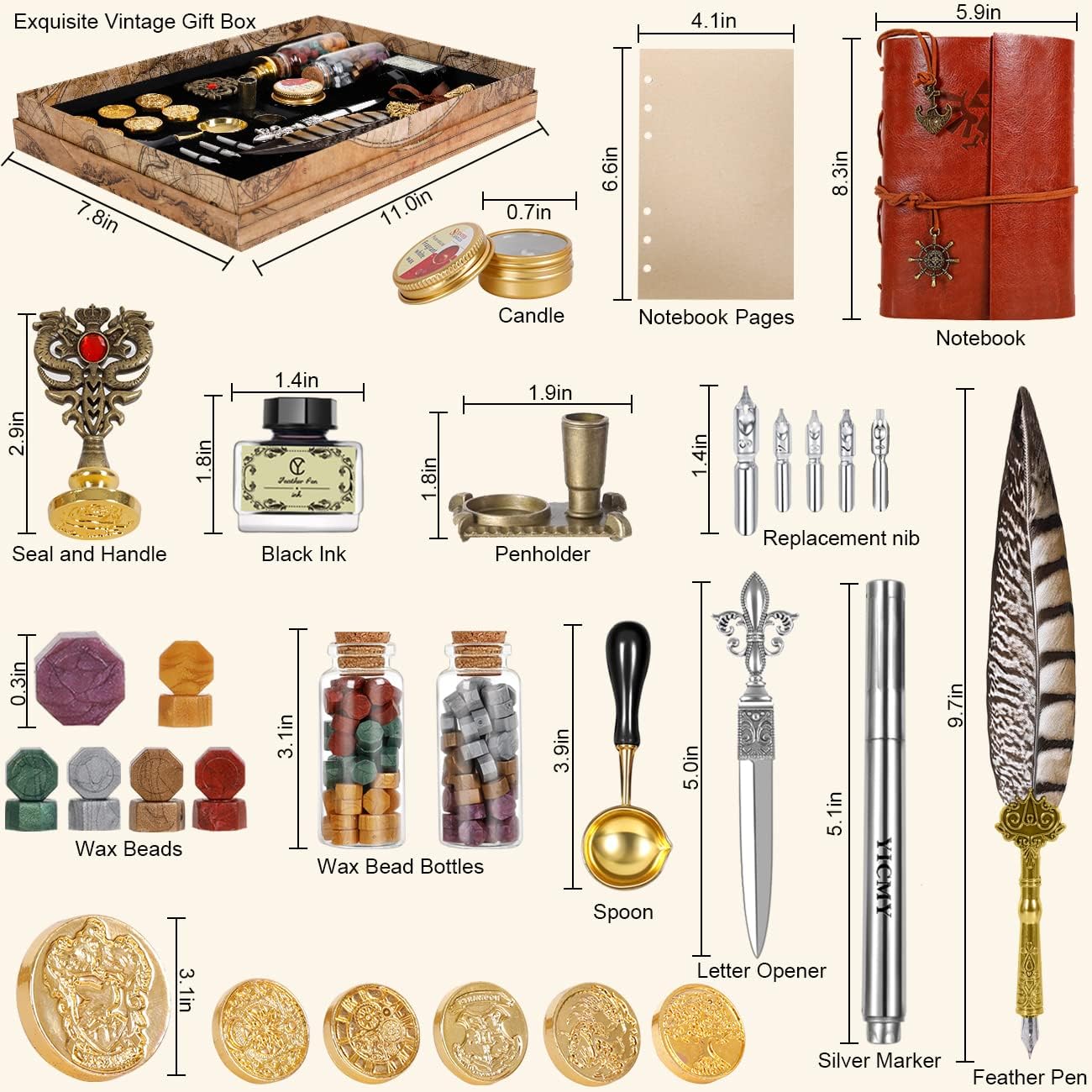 Pheasant Quill Pen and Ink Set Wax Seal Stamp Kit with Classic Leather Journal Notebook Feather dip pen,Calligraphy Pen Set for Beginners,7 Wax Stamp Heads,Wax Seal Kit for Gift and Decoration Pack of 2