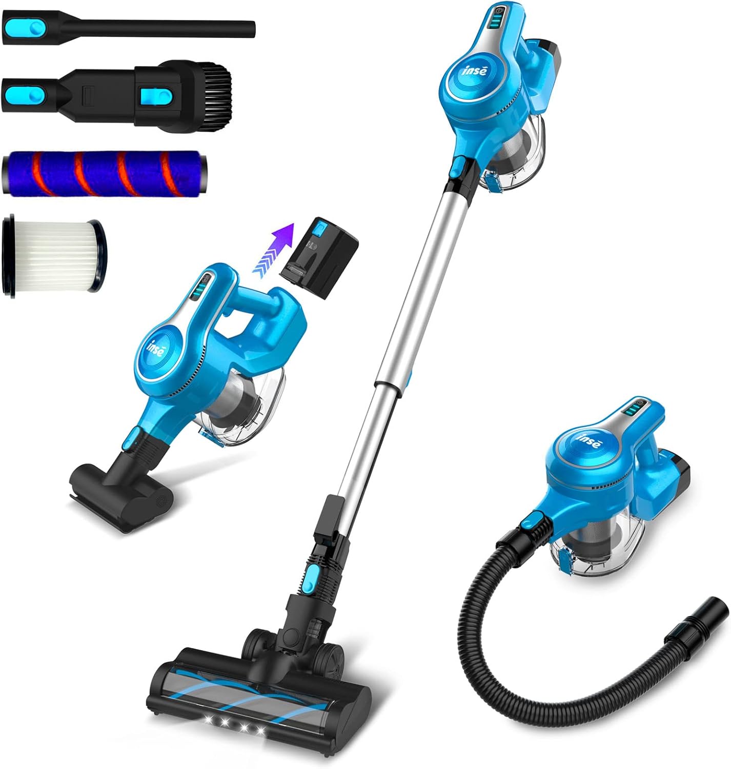 INSE Cordless Vacuum Cleaner, 23Kpa 265W Powerful Suction Stick Vacuum Cleaner, Up to 45min Runtime, Rechargeable Battery Vacuum, 10-in-1 Lightweight Vacuum for Carpet Hard Floor Pet Hair Car,S6T Blue