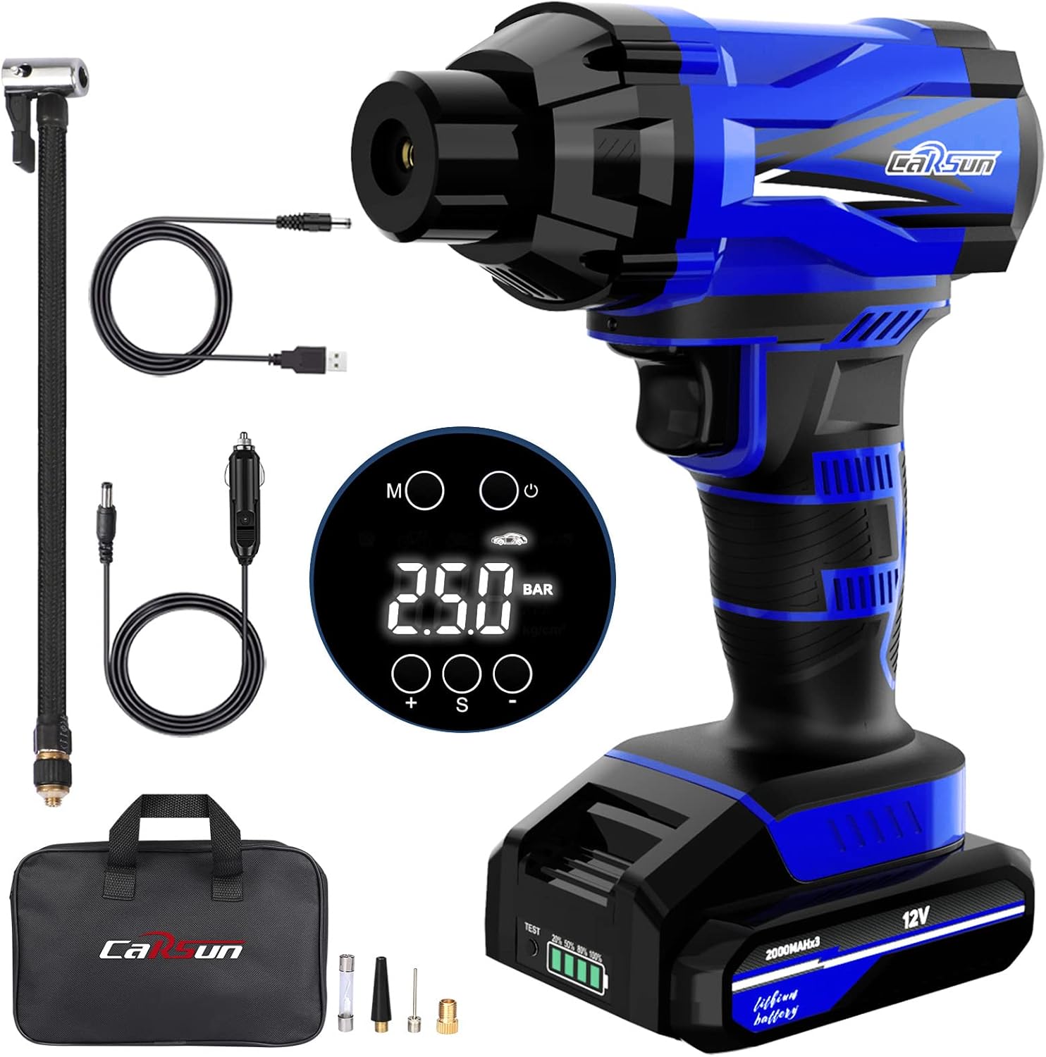 Acarfunny Portable Cordless Air Compressor,12V Rechargeable Battery Powered Handheld Air Pump Cordless Tire Inflator,Car Power Adapter,Digital Pressure Gauge Pack of 2