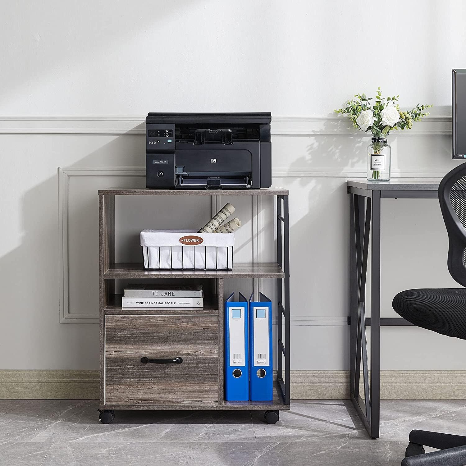 Mobile File Cabinet with Drawer, Printer Stand with Storage, Letter Size for Home Office(Retro Grey)