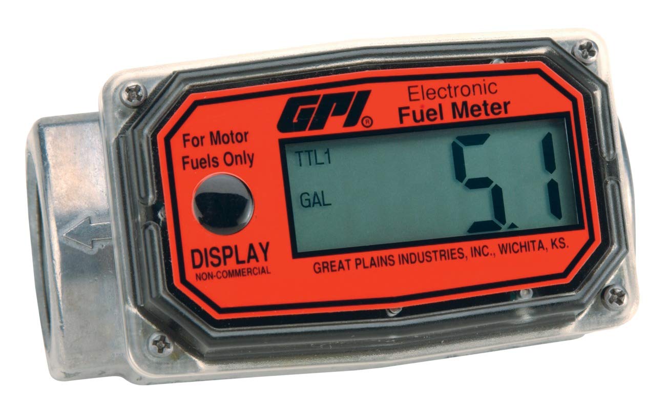 GPI 113255-3, 01A12LM Aluminum Turbine Fuel Flowmeter with Digital LCD Display, 10-113 LPM, 1-inch F ISO Inlet/Outlet, 0.75-Inch Reducer Bushings, ±5% Accuracy