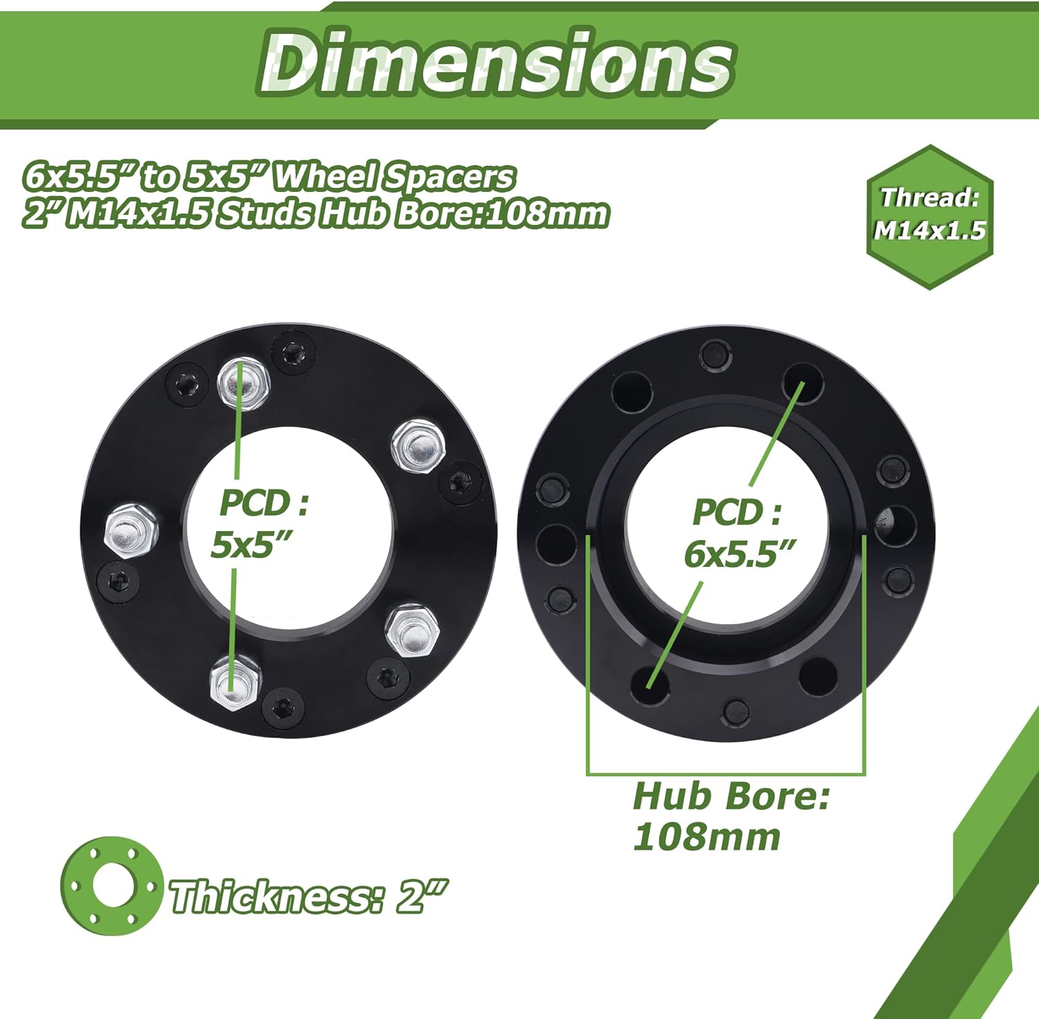YIZBAP 6x5.5 to 5x5 Wheel adapters, 2 inch 6x139.7mm to 5x127mm Wheel adapters 108mm Hub bore with 14x1.5 Thread Pitch