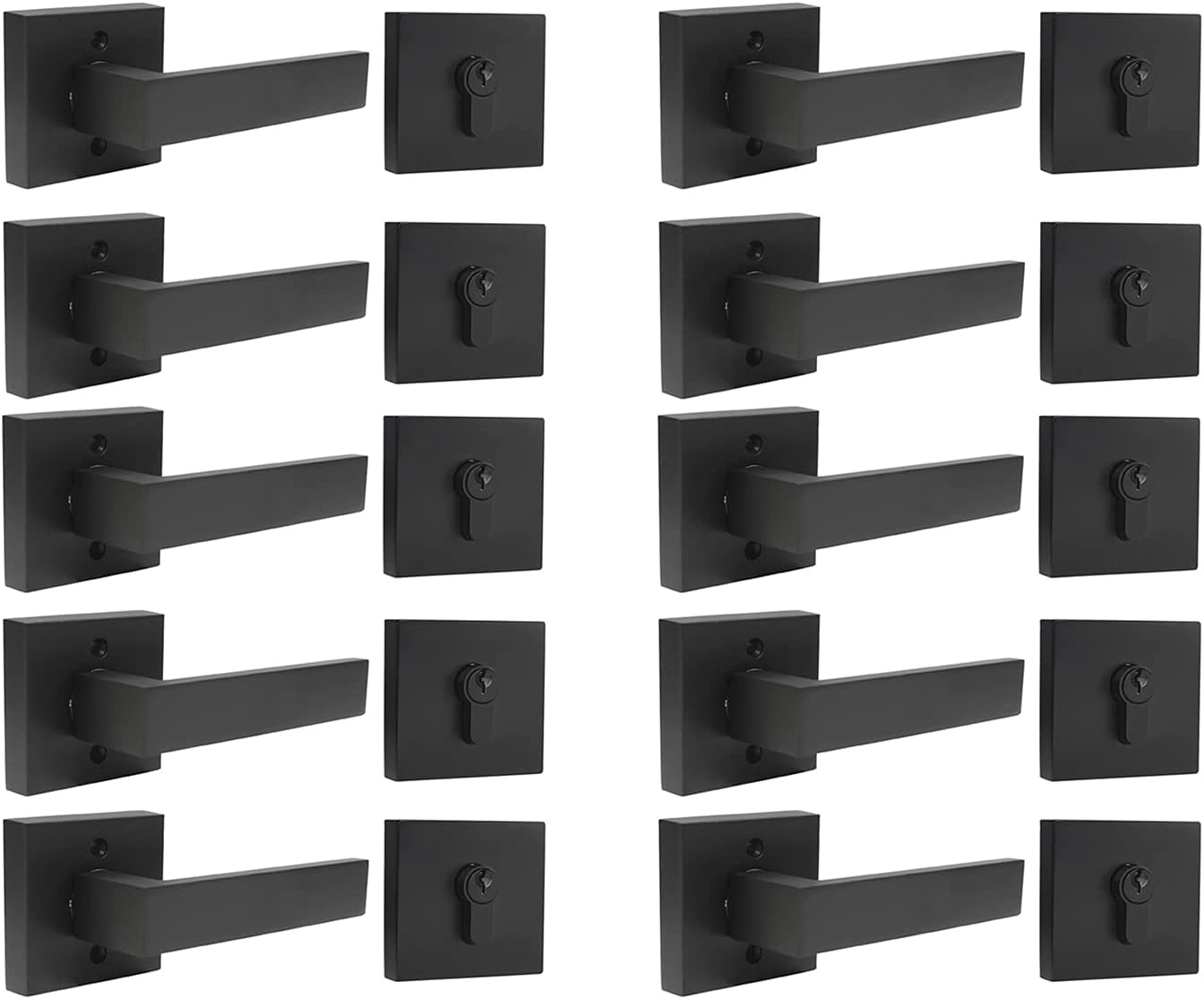 Probrico Flat Black Passage Door Lever with Single Cylinder Deadbolts Combo Pack, Modern Square Lock Set Handleset,Exterior Door Handle and Deadbolts Set,Exterior Door Lever Passage Pack of 2