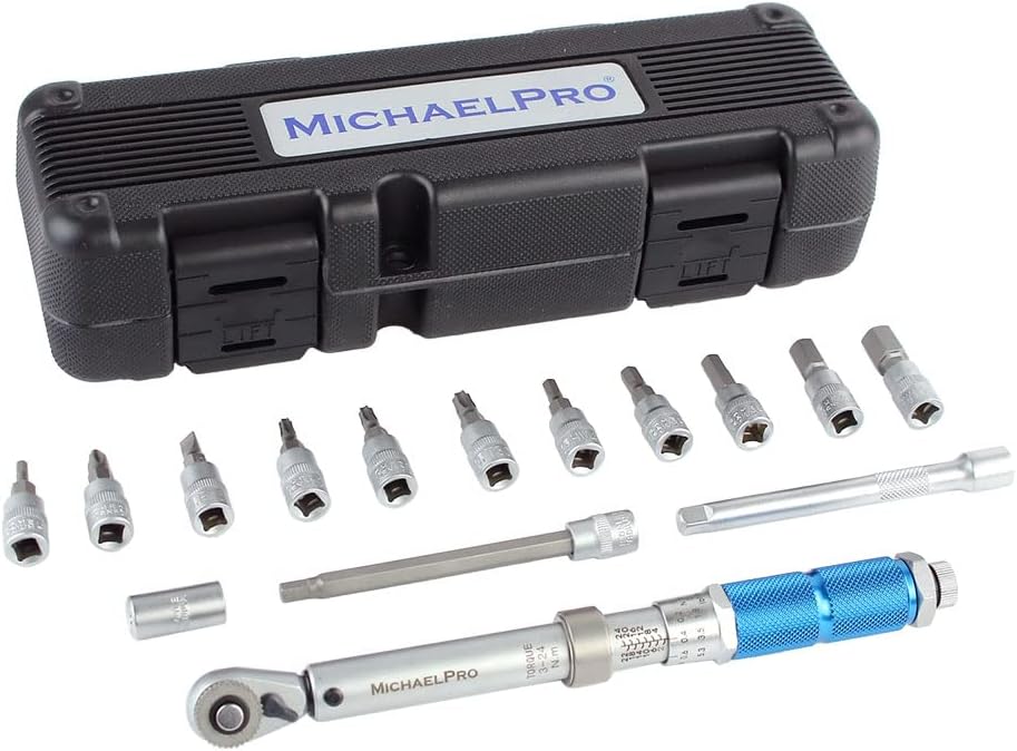 MichaelPro MP001199 1/4-inch Drive Click Torque Wrench Set, 3 – 24 N-m, All-in-1 Bicycle Maintenance Kit, with Bits and Extension Bars Pack of 2