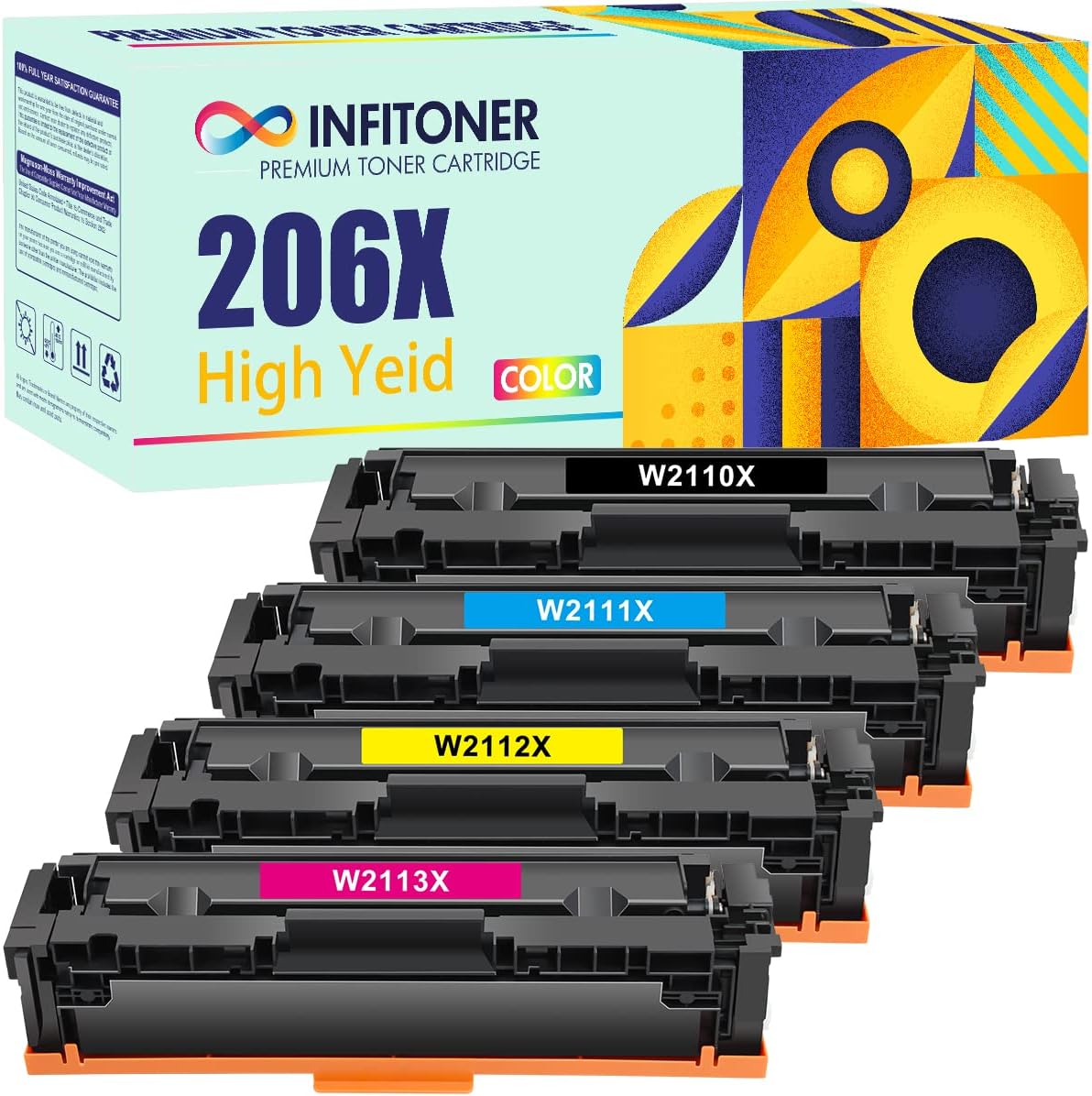 INFITONER Compatible 206X Toner Cartridge Replacement for HP 206X 206A 206 W2110X W2110A Color Pro MFP M283fdw M255dw M283cdw M283 M255 Printer Ink High Yield (Black Cyan Yellow Magenta, 4-Pack)