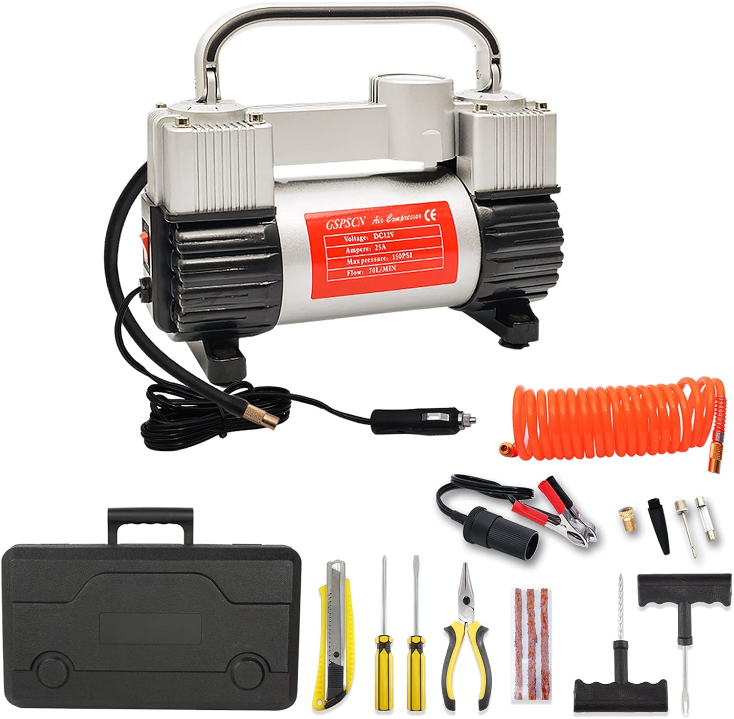 GSPSCN Portable Air Compressor Dual Cylinder Tire inflator,12V DC Heavy Duty Air Pump with 11.5ft Extension Air Hose and Tire Repair Kit for Car, Truck, RV,SUV Tires, Dinghy, Air Bed etc Pack of 2