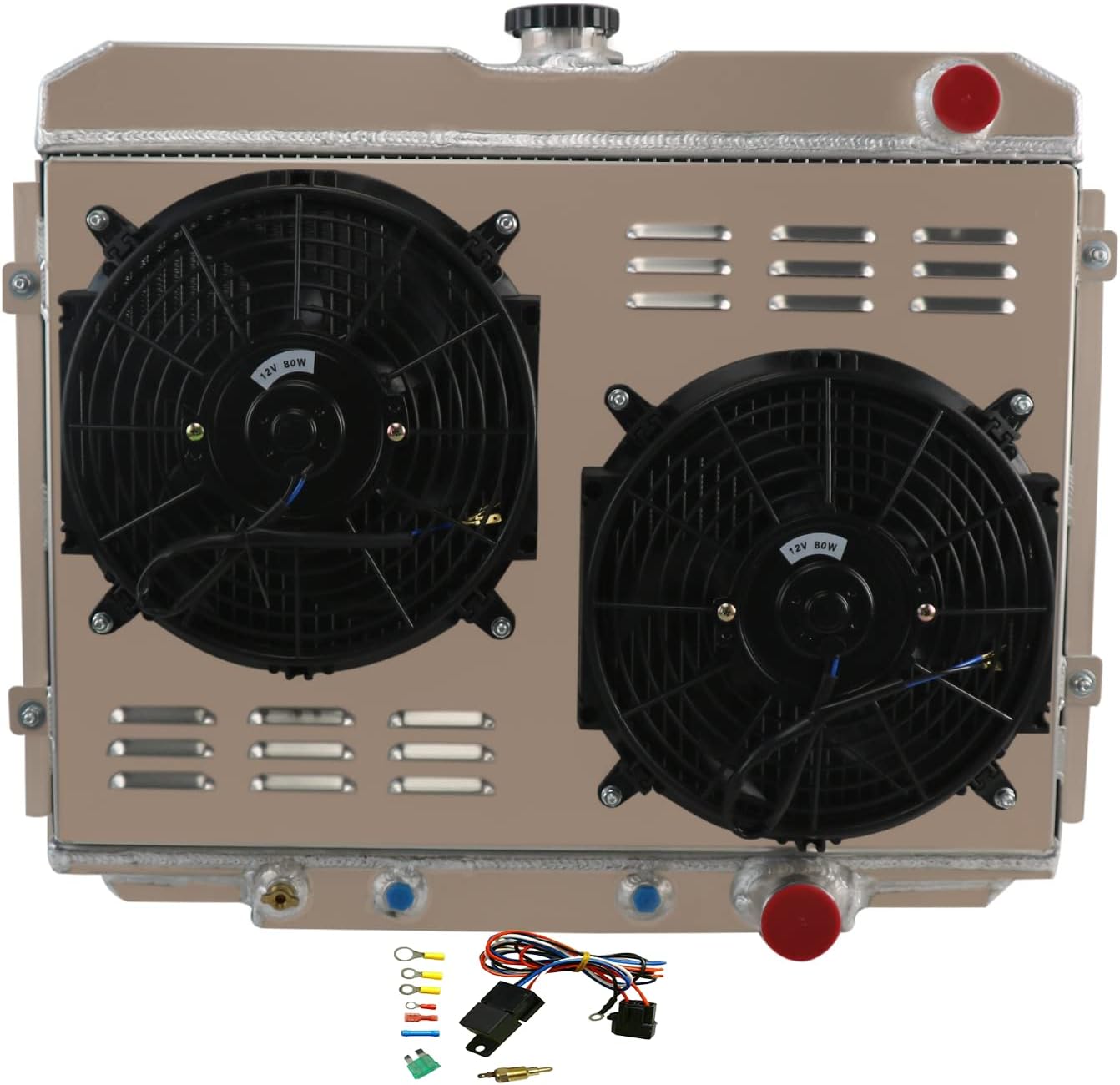 RadBuild 3 Row Aluminum Radiator + Shroud + Fan + Relay Fit 67-70 Ford Mustang/Fairlane/Ranchero & Mercury Cougar 4.7L/5.0/5.8L V8