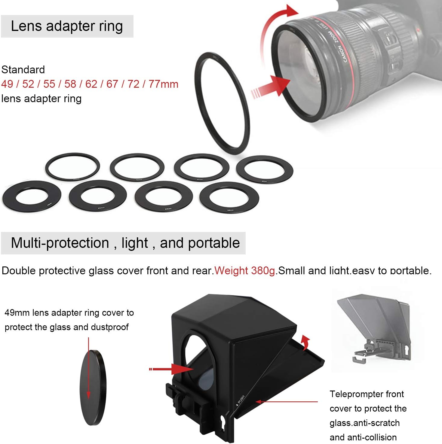 Spolehli Teleprompter TMP Adjustable Teleprompter 3.94''/7.87'' with HD Glass & Remote No Assembly Required (Kit 1:T2 teleprompter (for Phone&Camera)) Pack of 2