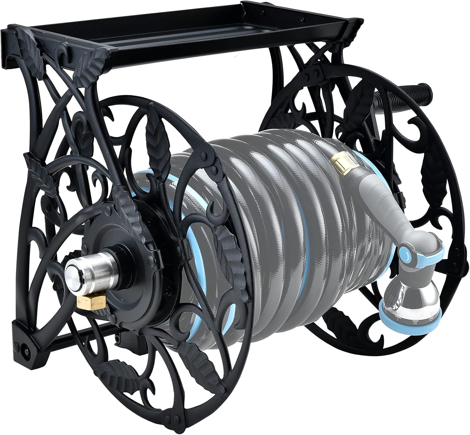 PinWheel Garden Hose Reel Wall Mount, Neverleak System Metal Wall Mount Water Hose Reel with Crank, Holds 125 FT * 5/8-Inch Hose Decorative Cast Aluminum Rotating Hose Reel for Outside