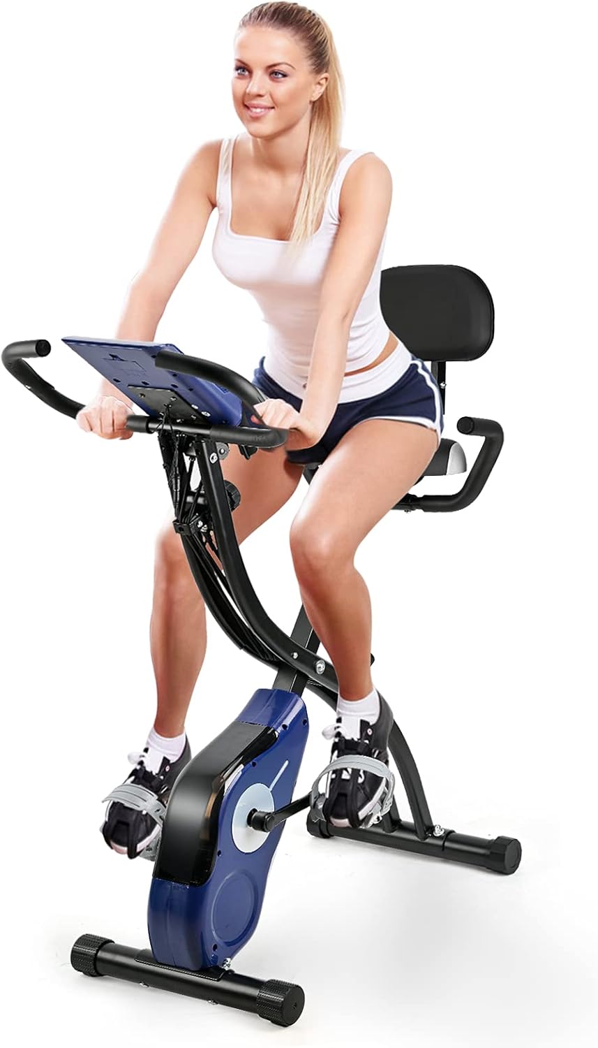 Foldable Exercise Bike,Indoor Cycling Bike Upright Stationary Bike 8 Level Resistance Magnetic Exercise Bike with Resistance Bands for Arm & Leg,LCD Monitor,Pulse Sensor