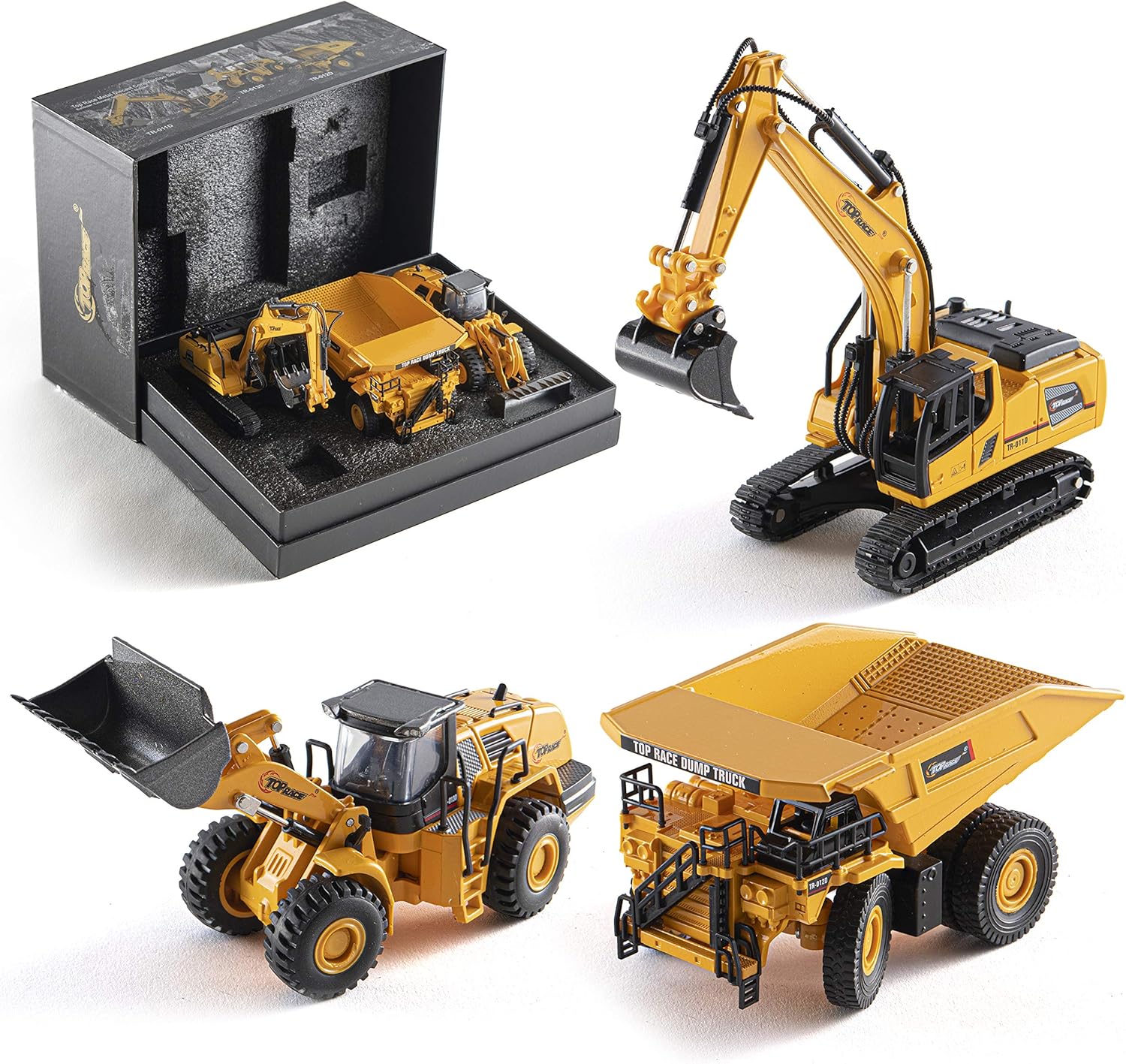 Top Race Metal Diecast Construction Toys Set of 3, Loader, Excavator, Dump Truck Pack of 3 Metal Realistic Construction Trucks Models 1:60 Scale Pack of 2