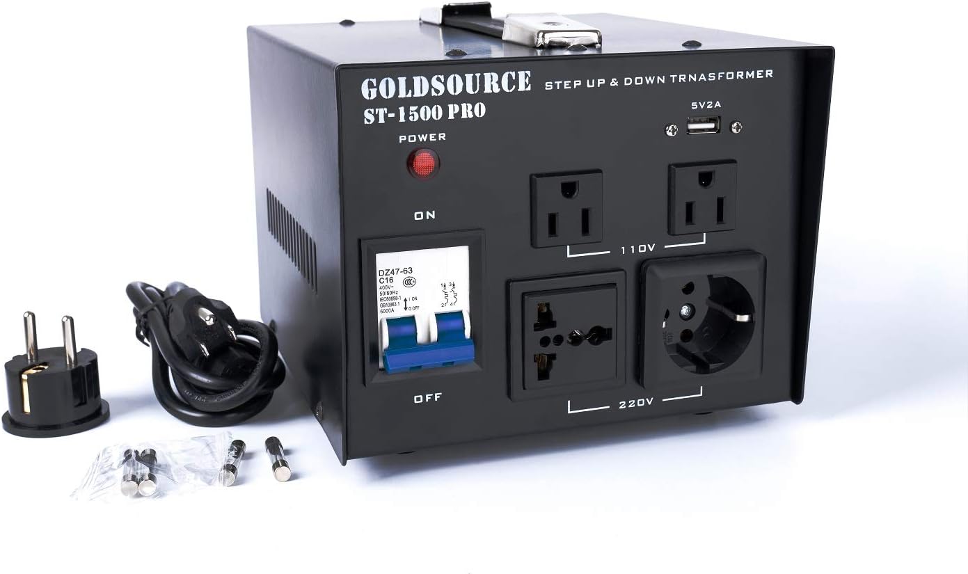 1500W ST-Pro Auto Step Up & Step Down Voltage Transformer Converter, Heavy-Duty AC 110/220V Converter with US Standard, Universal, Schuko AC Outlets & DC 5V USB Port by Goldsource [3-Year Warranty]