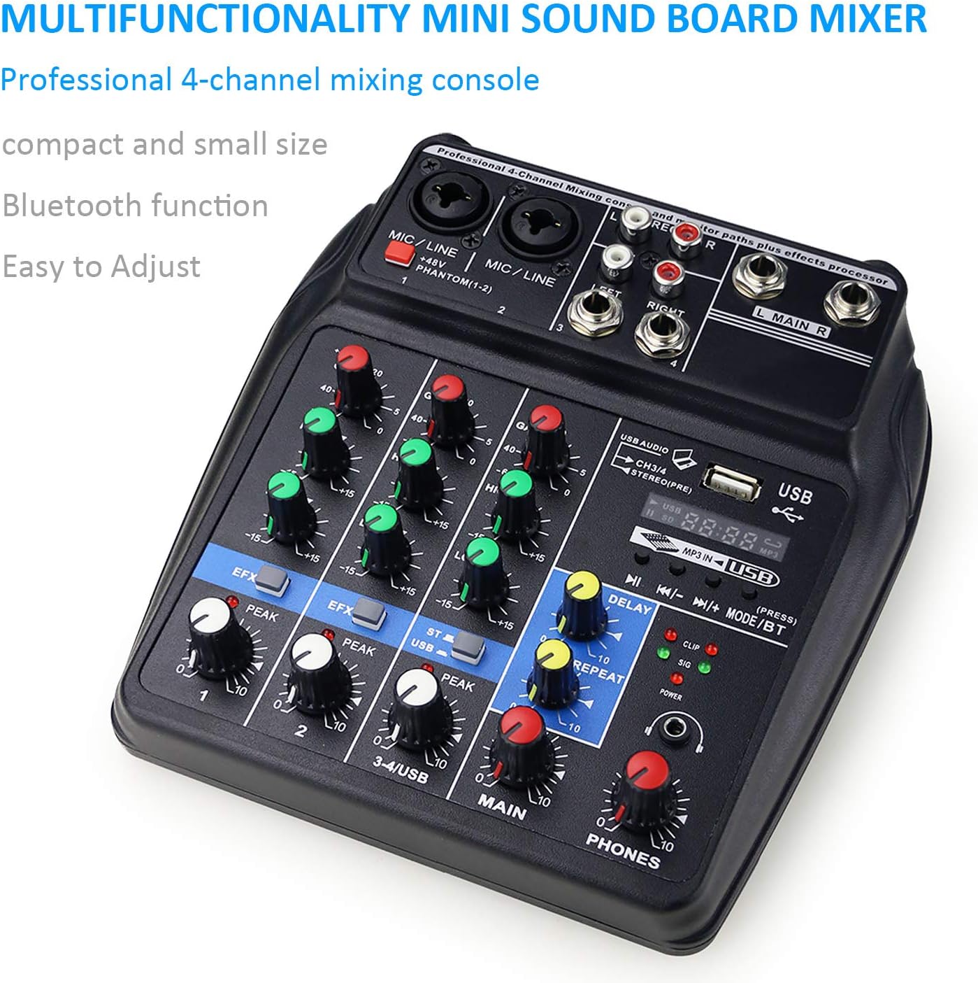 Ultra Low-Noise 4 Channels Audio Mixer - Sound Mixing Console Line Mixer with Sound Card and Built-in 48V Phantom Power for Home Music Production, Webcast, K Song and Other Needs by YOUSHARES Pack of 2
