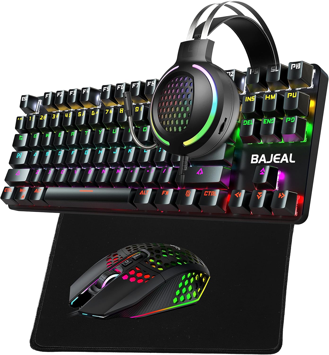 Bajeal Gaming Mechanical Keyboard and Mouse Headset Mousepad Combo,4 in 1, RGB Backlit Green axis Teclado Wired RGB 8000 DPI Mice & USB 7.1 Surround Sound Headphone with Mic for PC Gamer (Black) Pack of 2