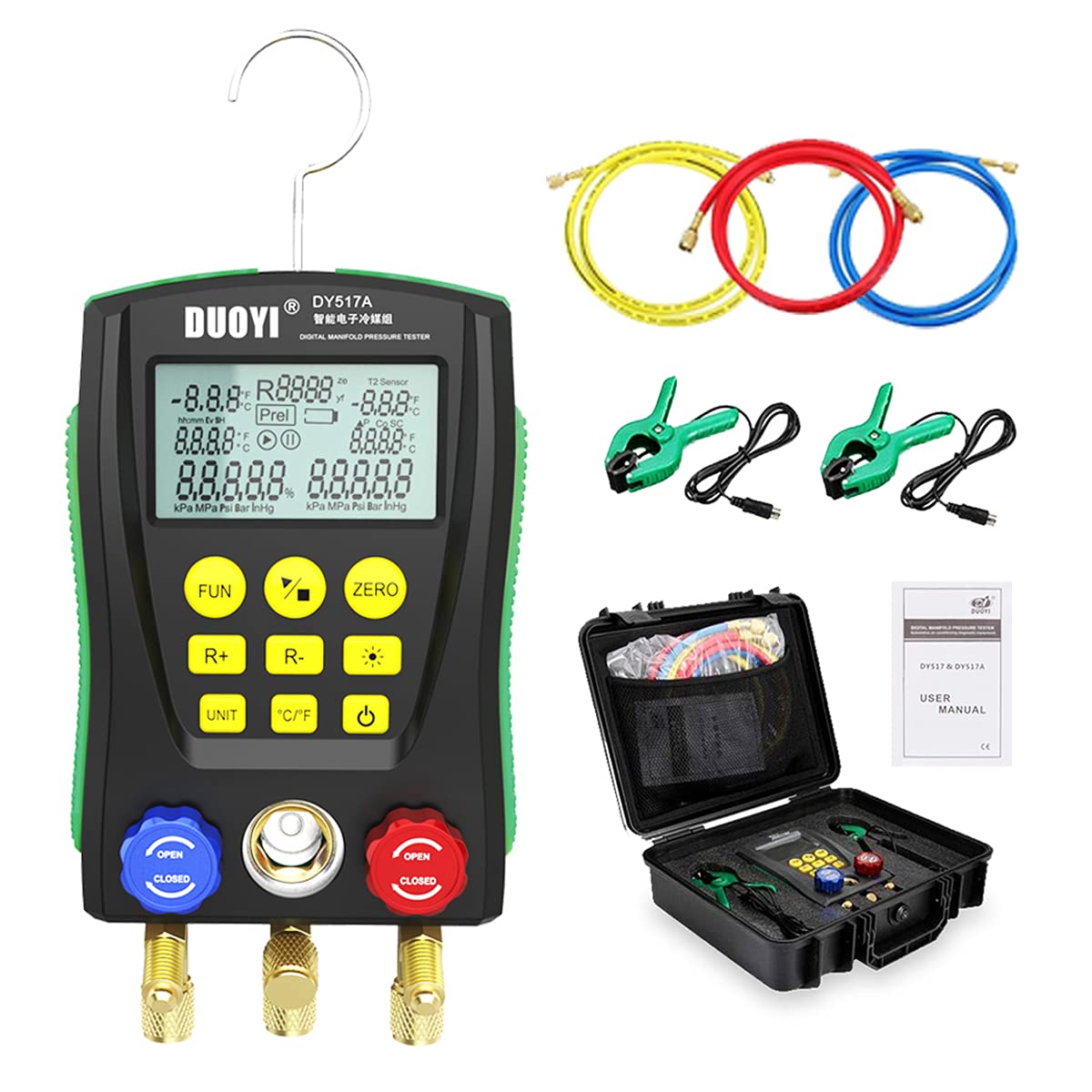 Refrigeration Digital Manifold Gauge Set for Air Conditioning/Refrigerator Digital Gauges HVAC with Double Pressure&Temp Test Manifold Digital, HVAC Gauges with Hose, Temperature Control Clip, Toolbox