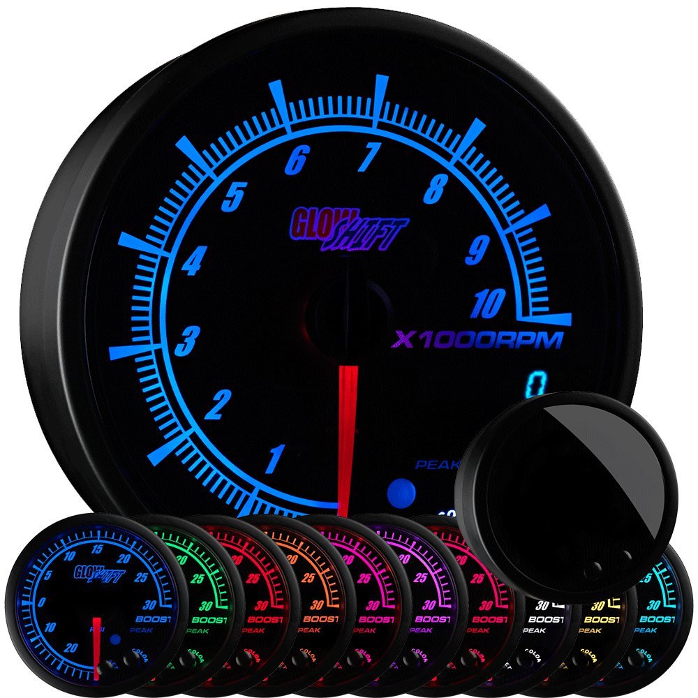GlowShift Elite 10 Color 10,000 RPM Tachometer Gauge - Includes Shift Light - Mounts in Custom Dashboard - for 1-10 Cylinder Gas Powered Engines - Black Dial - Tinted Lens - Peak Recall - 3-3/4