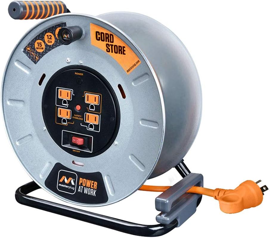 Masterplug Heavy Duty Metal Cord Reel with 4-120V 15amp Integrated Outlets and 12 Gauge High Visibility Cord (100ft)