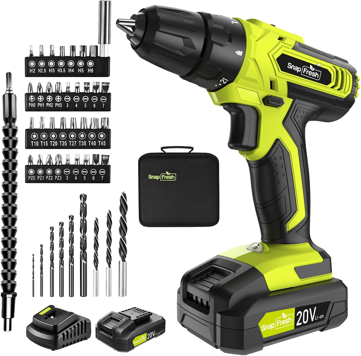Cordless Drill - SnapFresh 20V Cordless Drill with Battery and Charger, Power Drill Set with 2 Variable Speed, 21+1 Torque Setting, Lightweight, LED, 43pcs Drill Bits, Impact Drill Set for Home, DIY Pack of 2