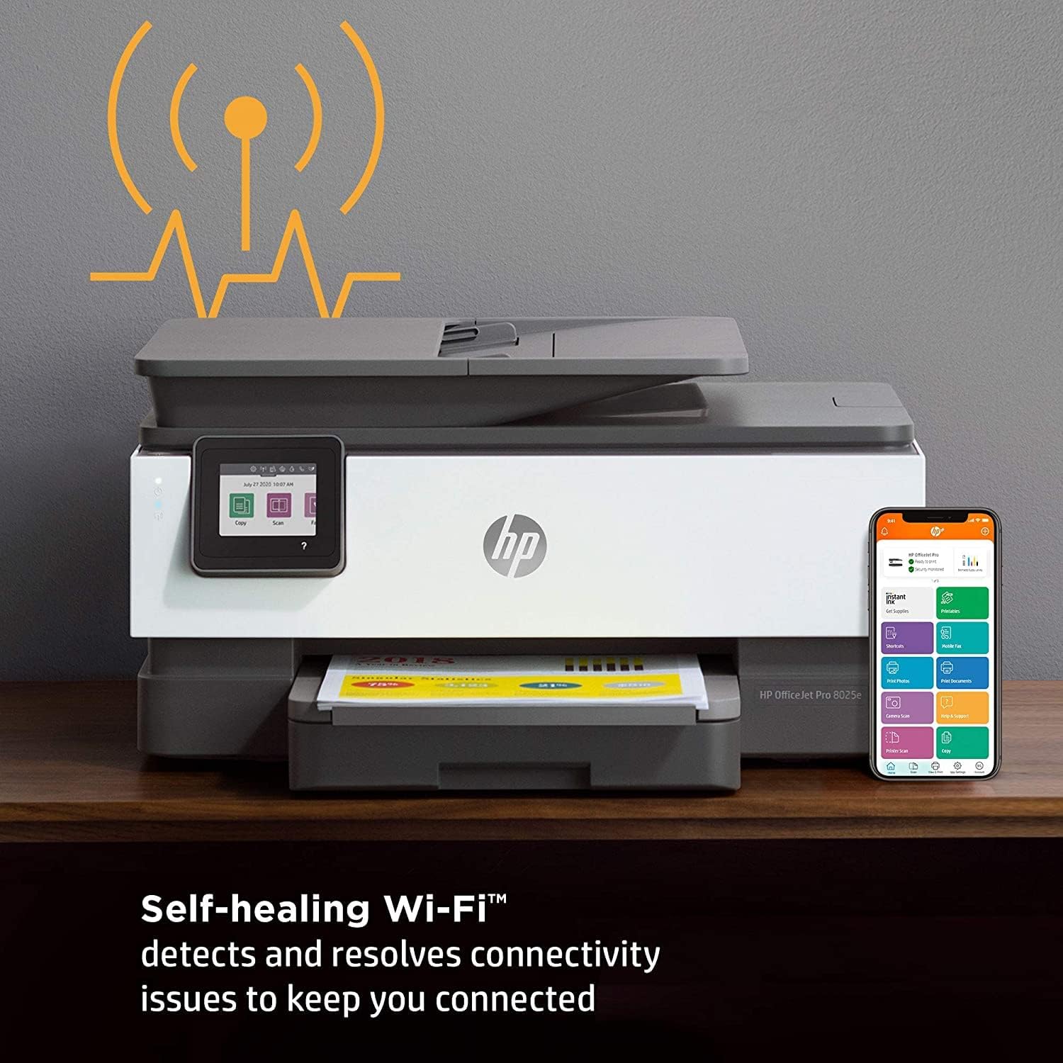 HP OfficeJet Pro 8025e All-in-One Wireless Color Inkjet Printer for Office - Print Scan Copy Fax- Auto 2-Sided Printing-4800 x 1200 dpi, 20 ppm, 225-Sheet, Gray-Bundle with Ahaghug Printer Cable