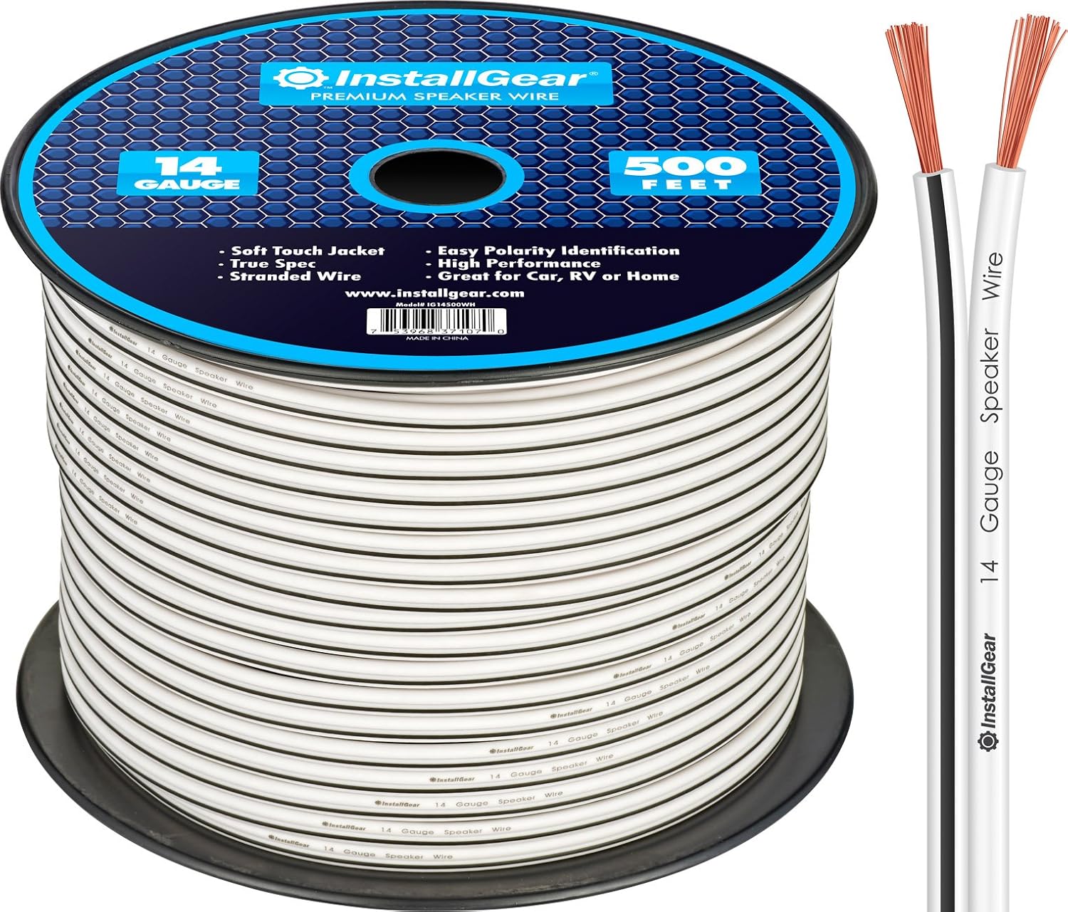 InstallGear 14 Gauge AWG 500ft Speaker Wire Cable - White (Great Use for Car Speakers Stereos, Home Theater Speakers, Surround Sound, Radio) Pack of 2