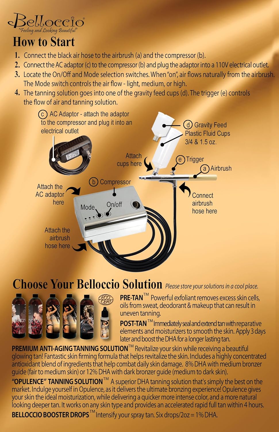 Belloccio® Brand Complete Professional Sunless Tanning Airbrush System That Includes Our Premium Belloccio Airbrush, Compressor & Hose and a 4 Ounce Bottle of 