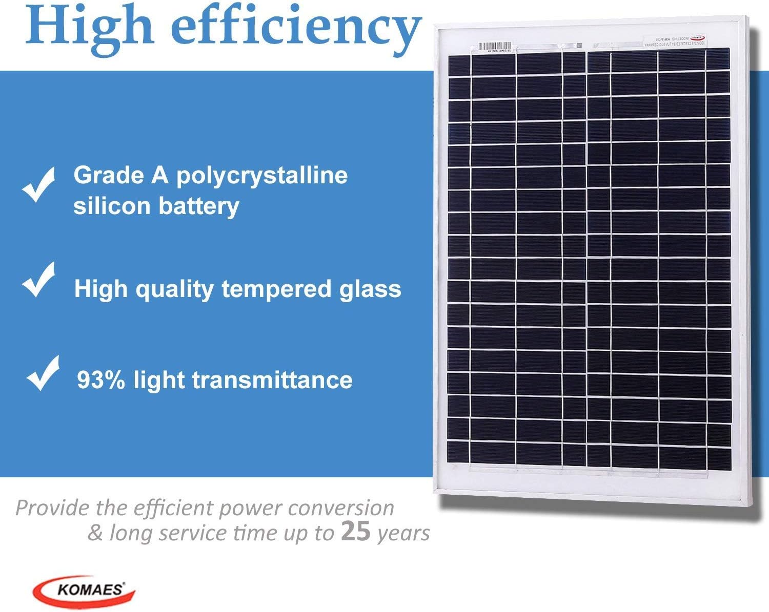 KOMAES 20 Watts 12Volts Polycrystalline Solar Panel, PV Solar Charger Includes 3Amp Solar Charge Controller, 3ft Crocodile Clip Cables Energy-efficient Technology (20W)